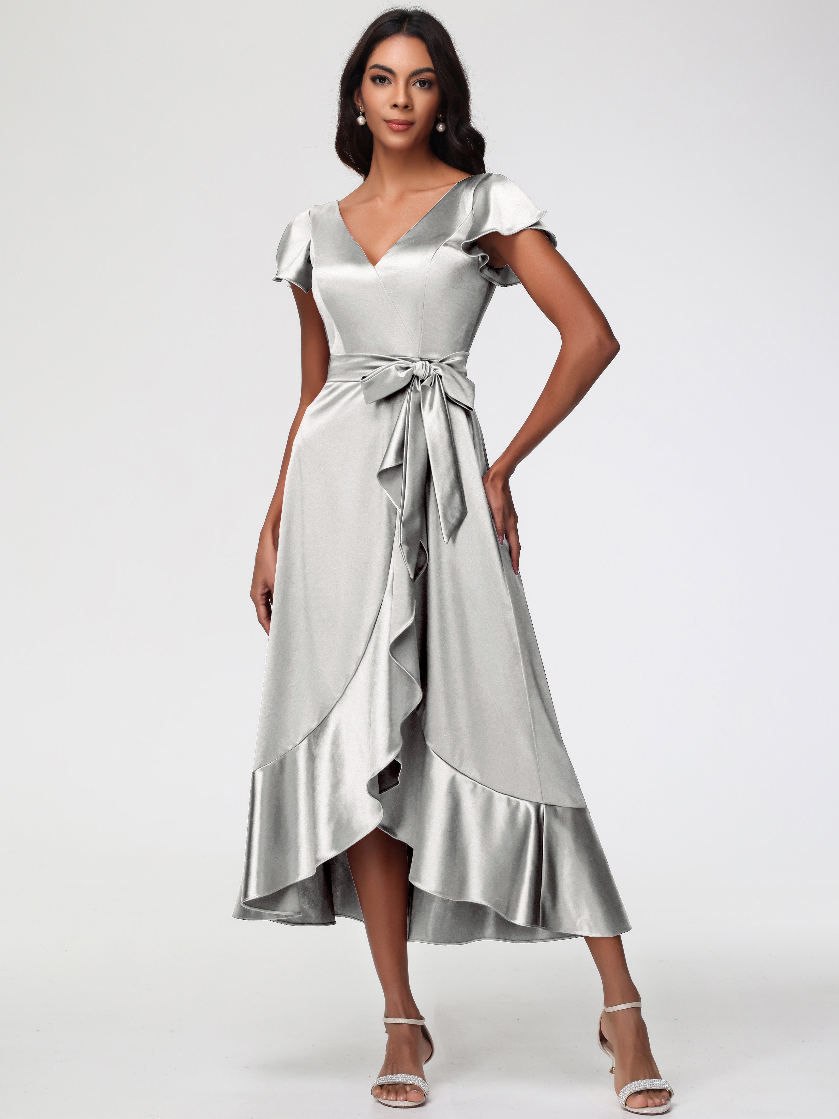 Robe Argentée Demoiselle D Honneur Asymétrique Col V Trapèze Satin Extensible Mi-Longue Robe De Demoiselle D'Honneur