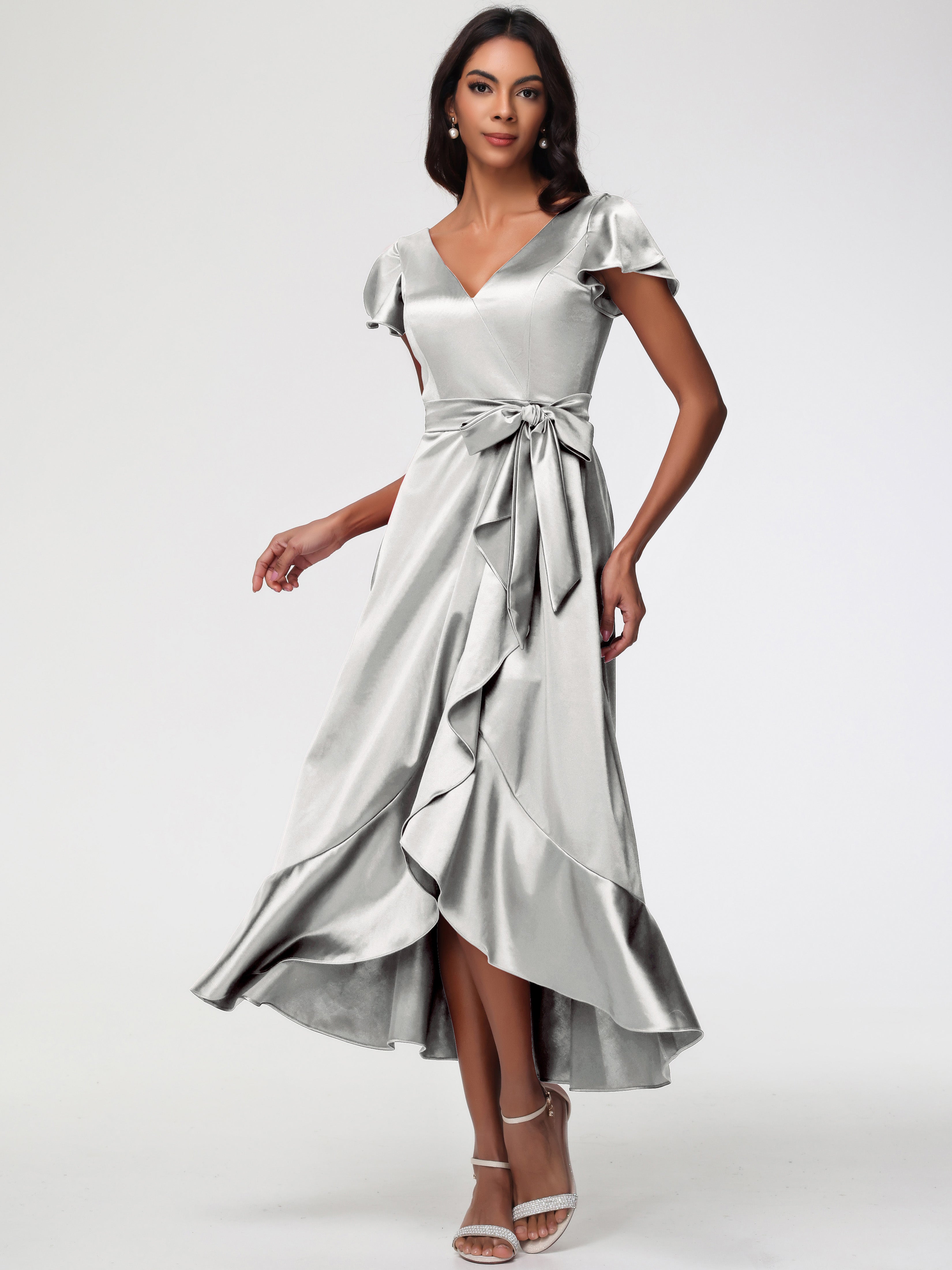 Robe Argentée Demoiselle D Honneur Asymétrique Col V Trapèze Satin Extensible Mi-Longue Robe De Demoiselle D'Honneur