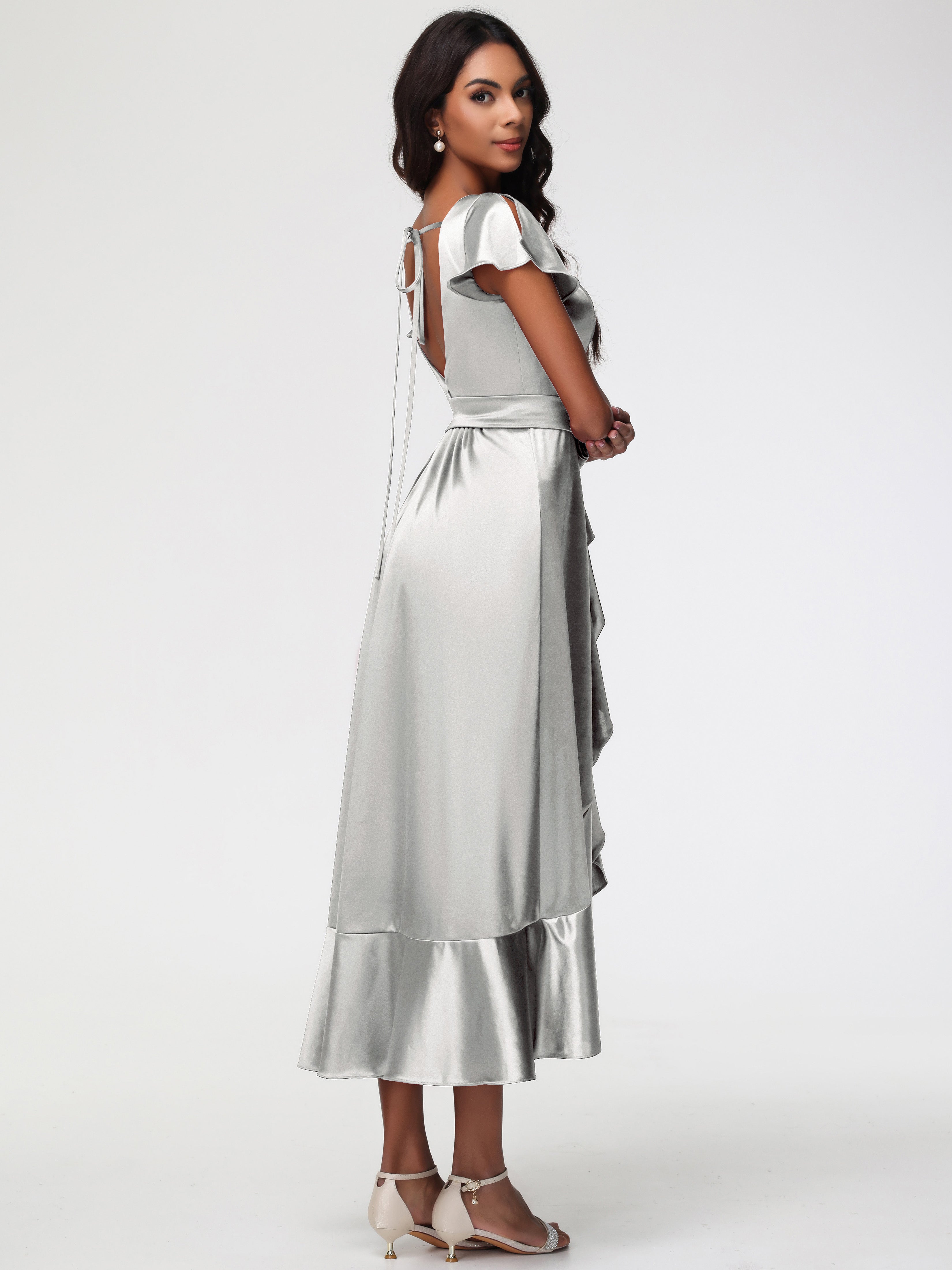 Robe Argentée Demoiselle D Honneur Asymétrique Col V Trapèze Satin Extensible Mi-Longue Robe De Demoiselle D'Honneur