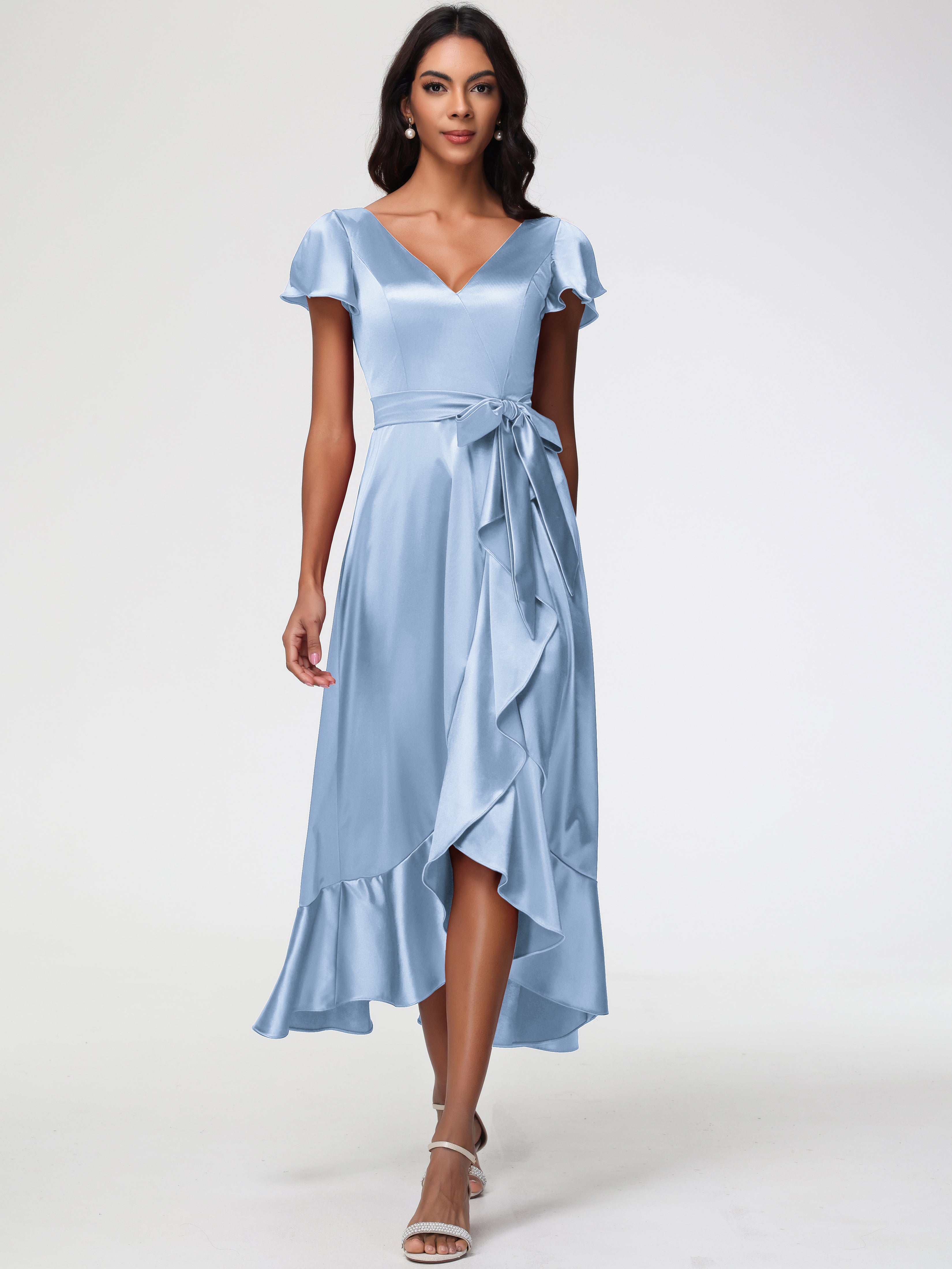 Robe Demoiselle D Honneur Bleu Ciel Asymétrique Col V Trapèze Satin Extensible Mi-Longue Robe De Demoiselle D'Honneur