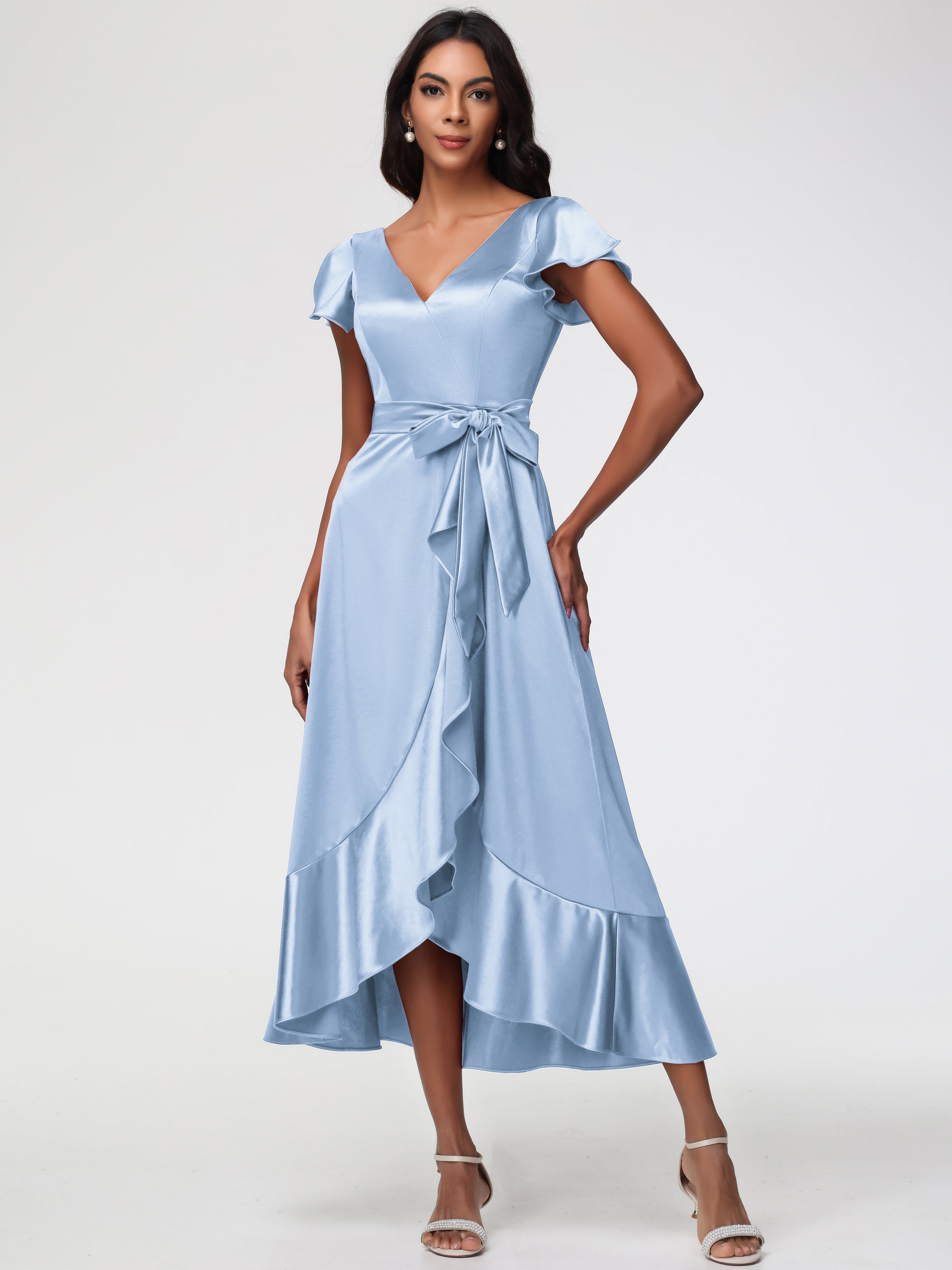 Robe Demoiselle D Honneur Bleu Ciel Asymétrique Col V Trapèze Satin Extensible Mi-Longue Robe De Demoiselle D'Honneur