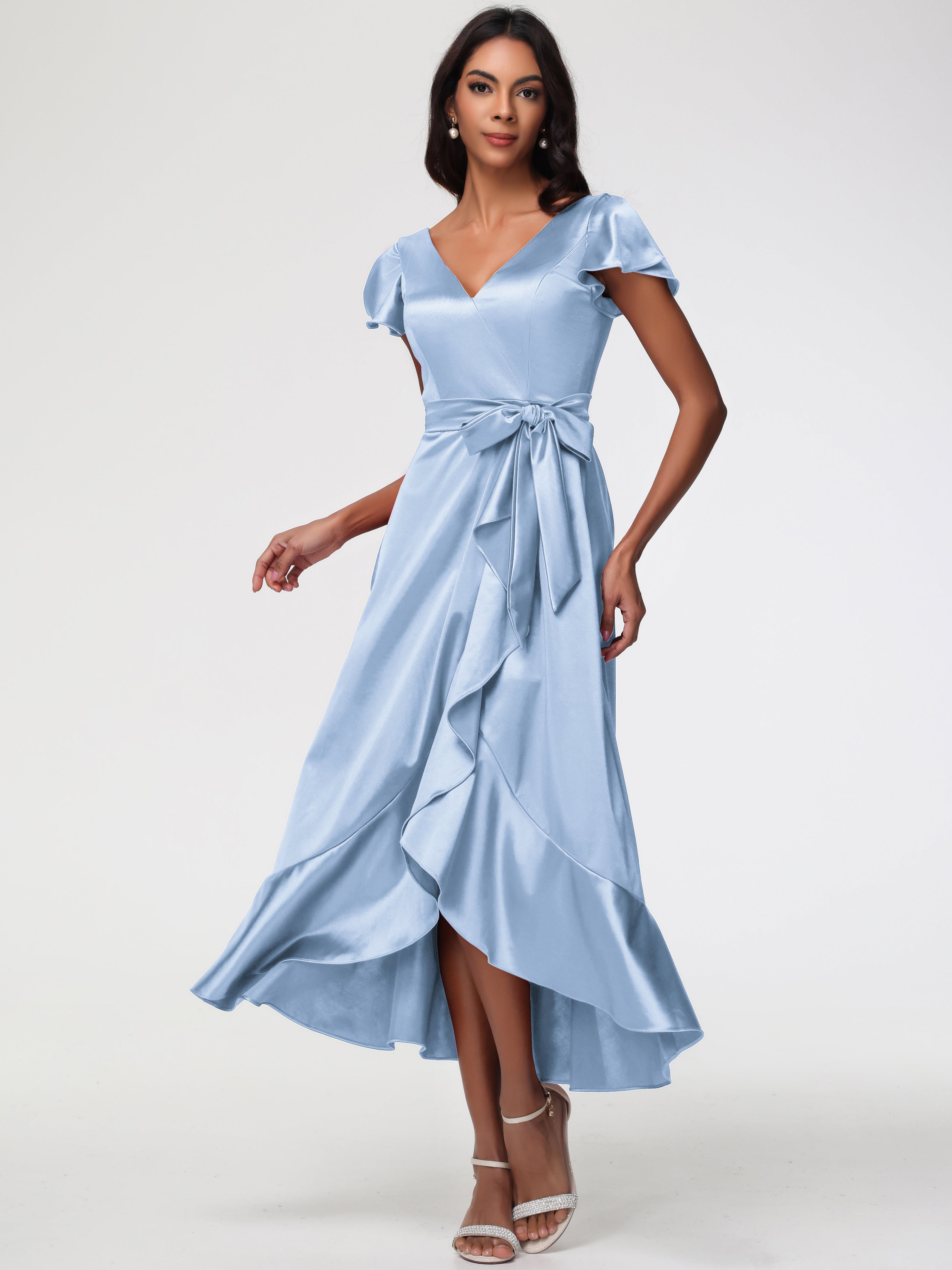 Robe Demoiselle D Honneur Bleu Ciel Asymétrique Col V Trapèze Satin Extensible Mi-Longue Robe De Demoiselle D'Honneur