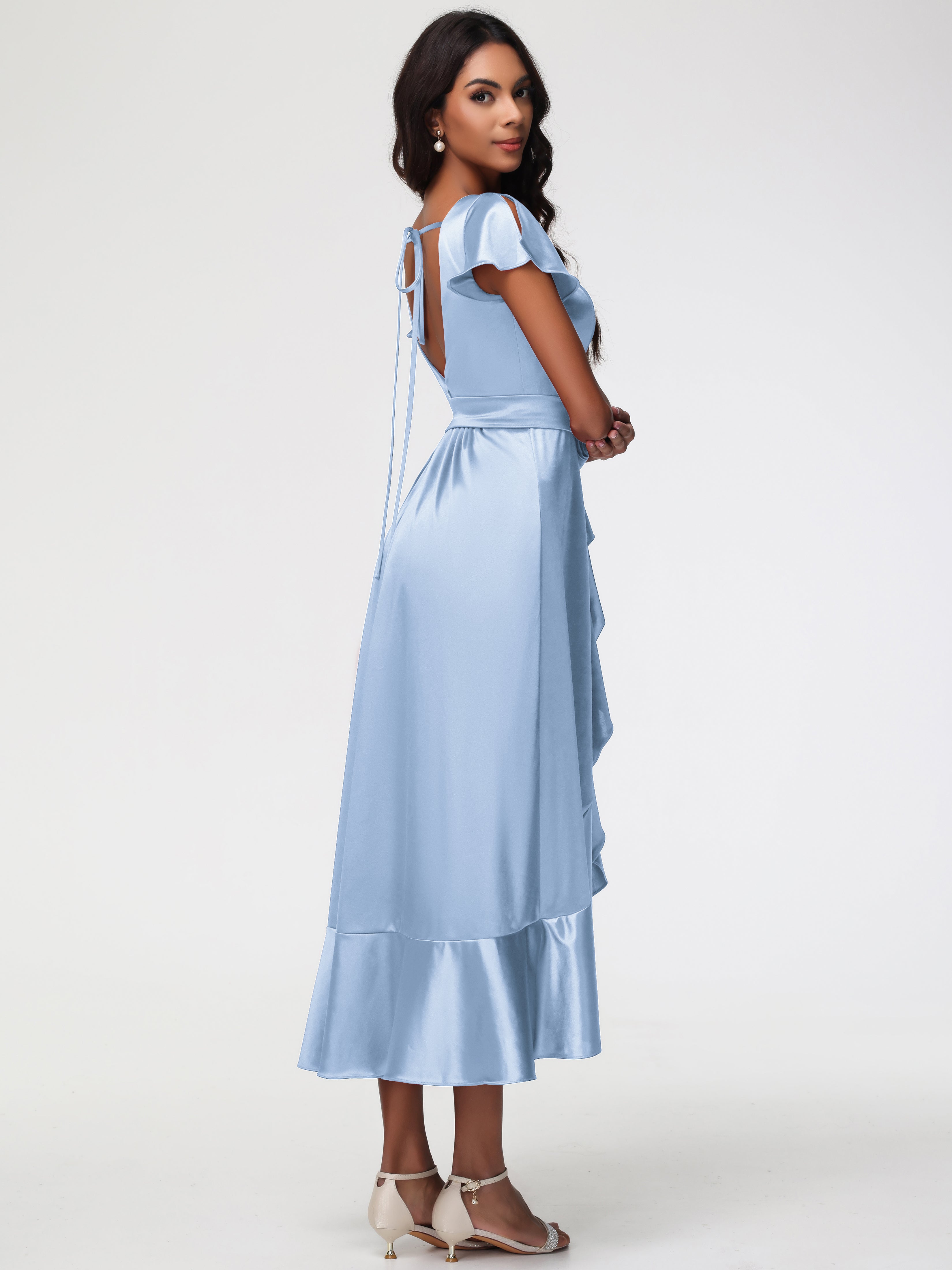 Robe Demoiselle D Honneur Bleu Ciel Asymétrique Col V Trapèze Satin Extensible Mi-Longue Robe De Demoiselle D'Honneur