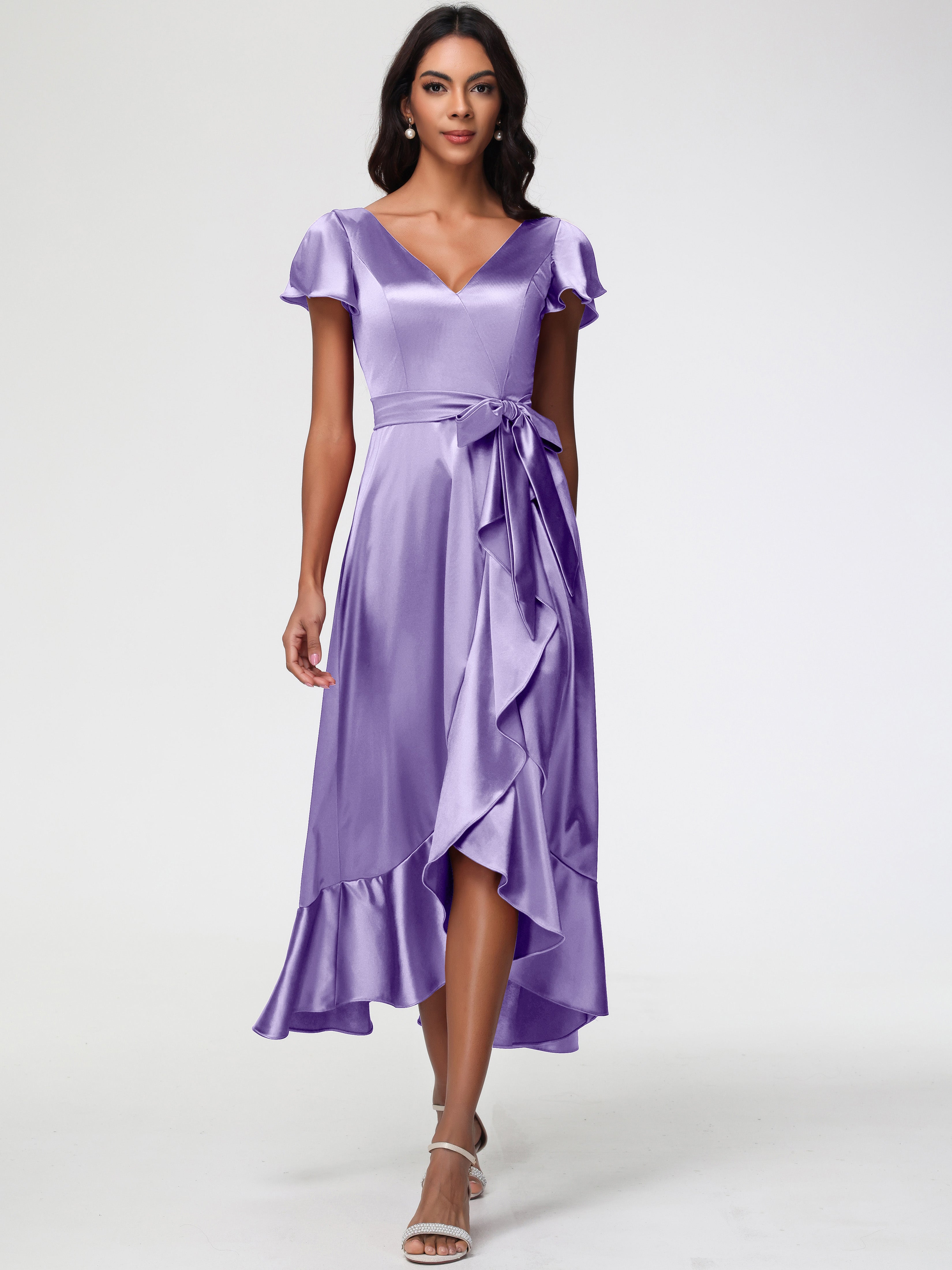 Robes De Demoiselle D'Honneur Tahiti Asymétrique Col V Trapèze Satin Extensible Mi-Longue