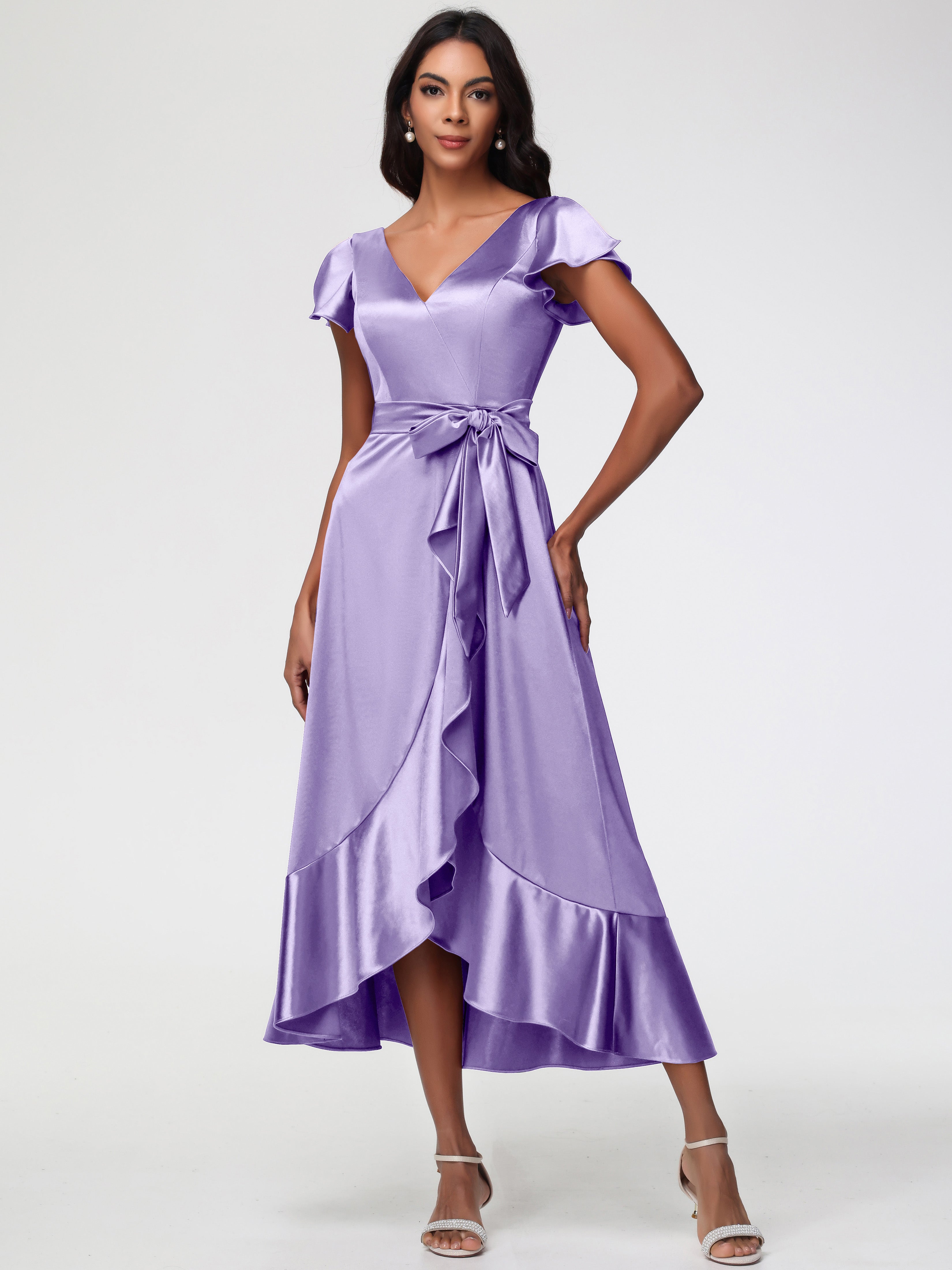 Robes De Demoiselle D'Honneur Tahiti Asymétrique Col V Trapèze Satin Extensible Mi-Longue