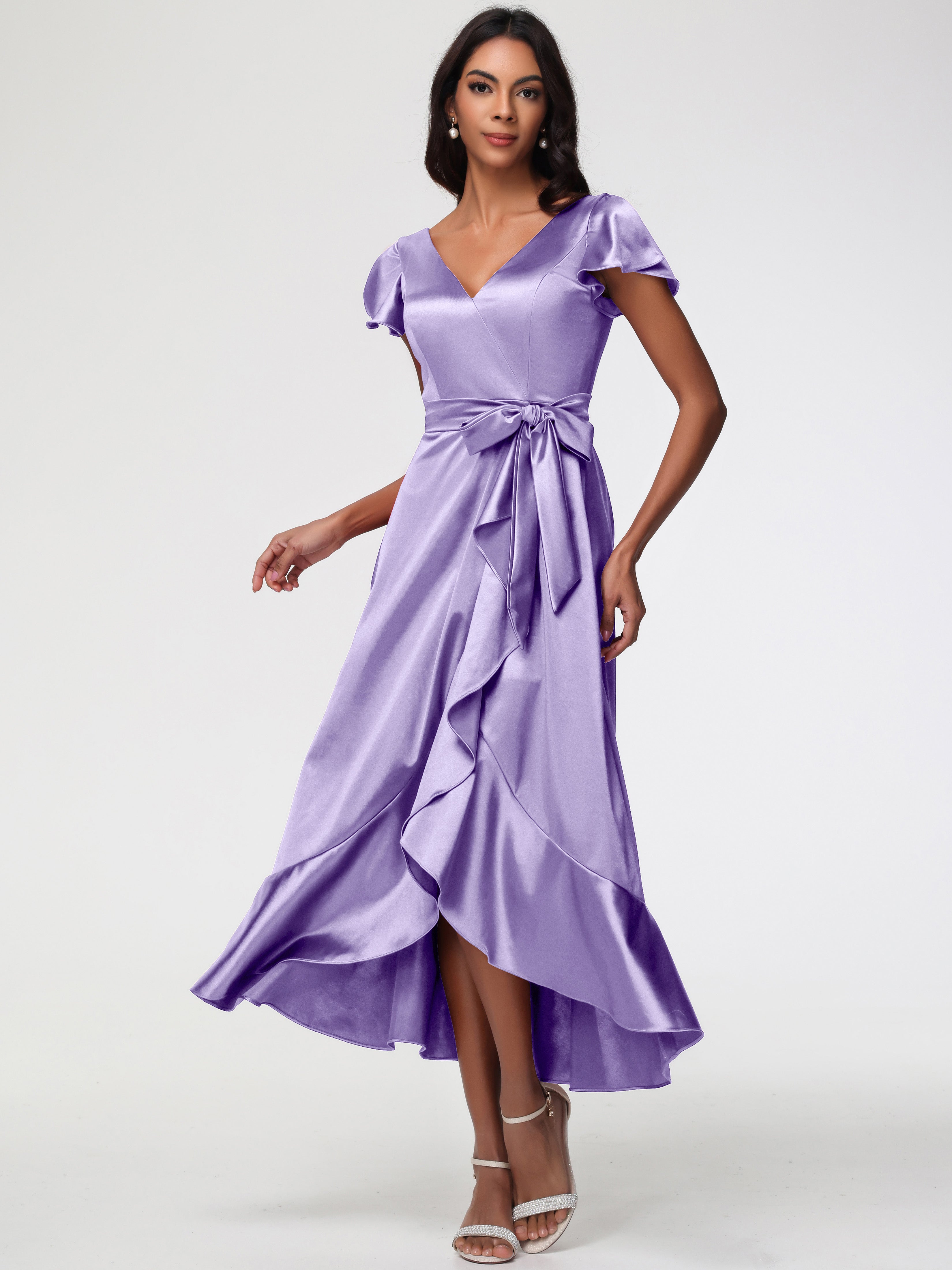Robes De Demoiselle D'Honneur Tahiti Asymétrique Col V Trapèze Satin Extensible Mi-Longue