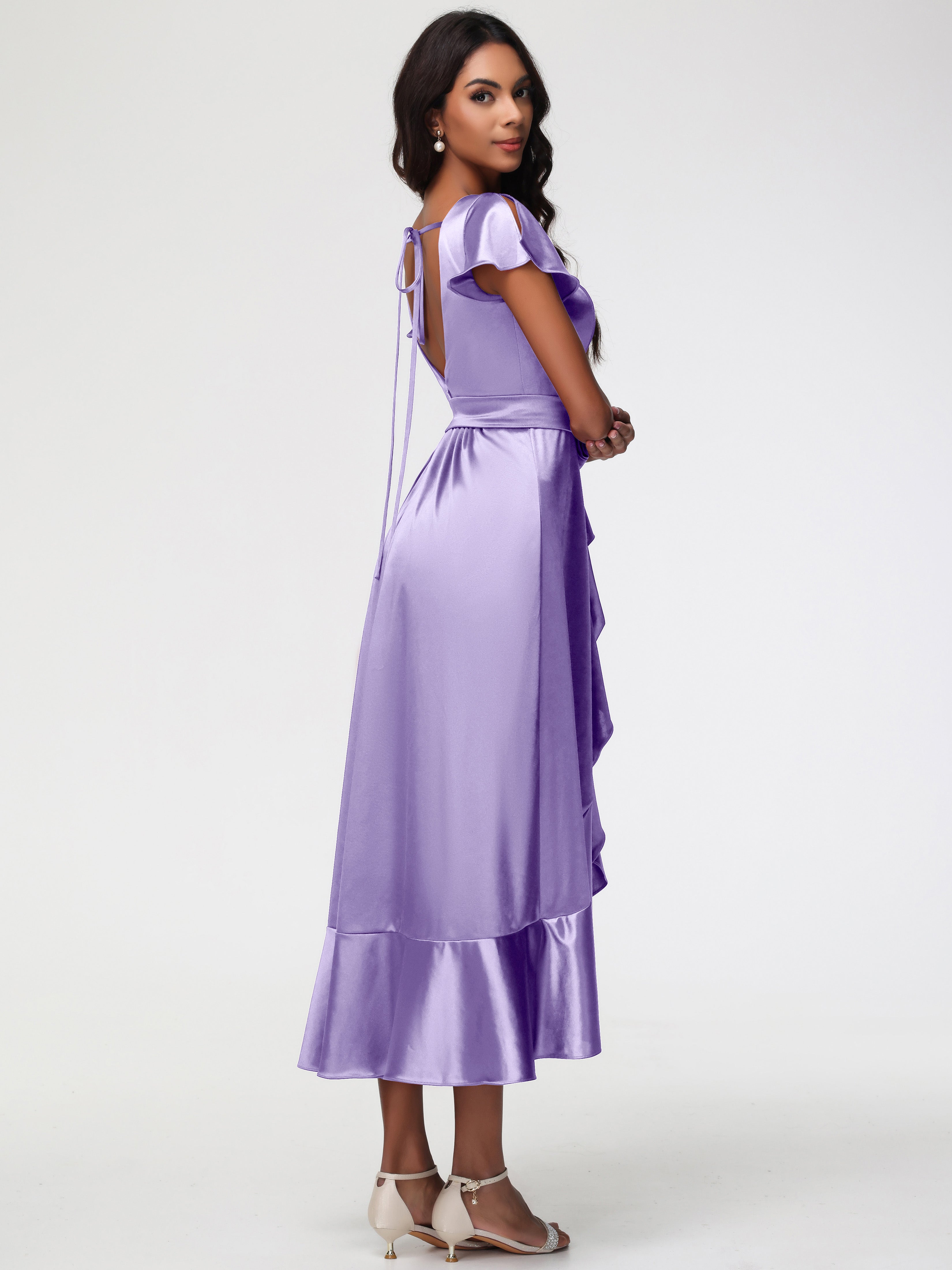 Robes De Demoiselle D'Honneur Tahiti Asymétrique Col V Trapèze Satin Extensible Mi-Longue