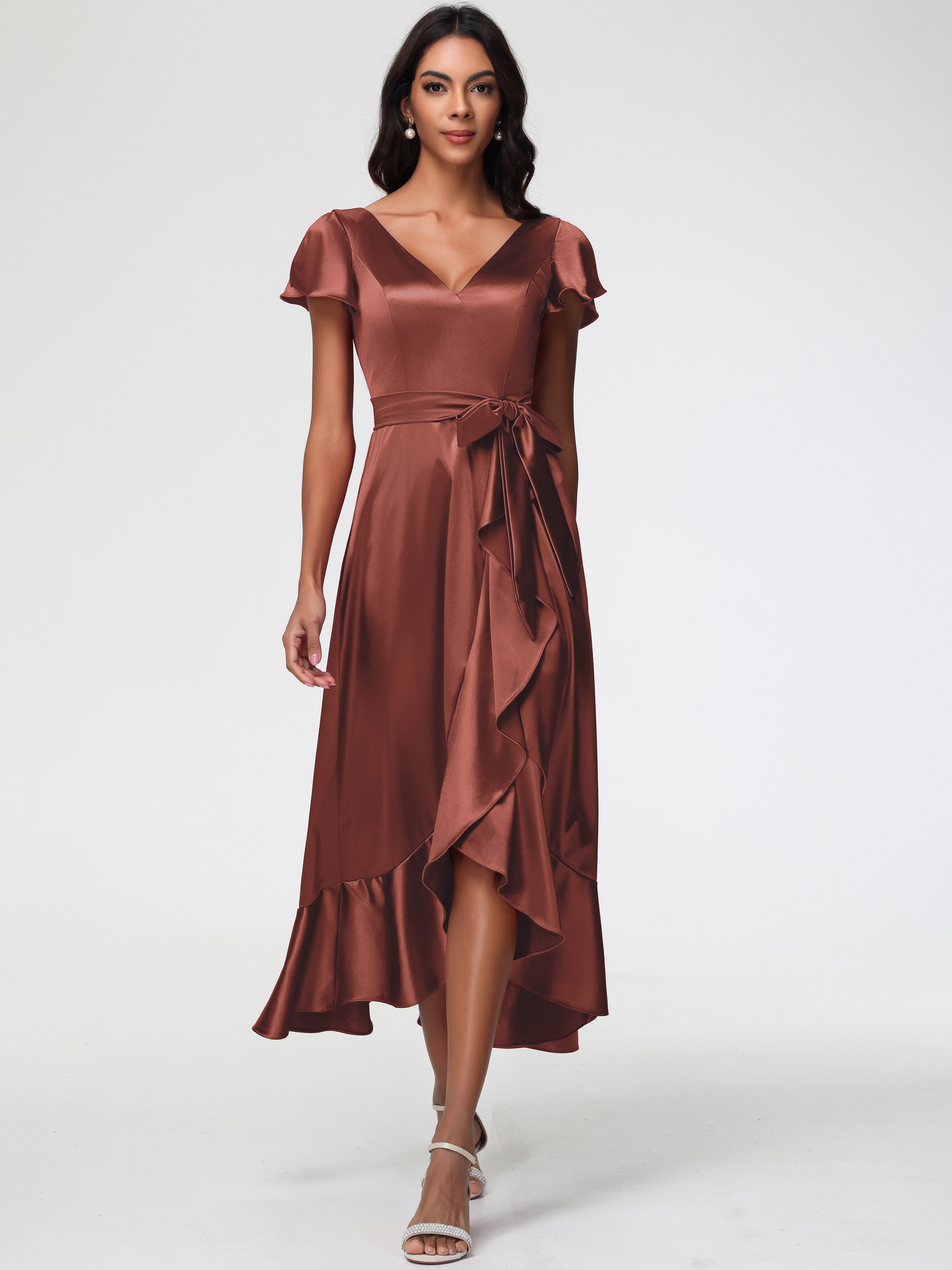 Robe Demoiselle Terracotta Asymétrique Col V Trapèze Satin Extensible Mi-Longue