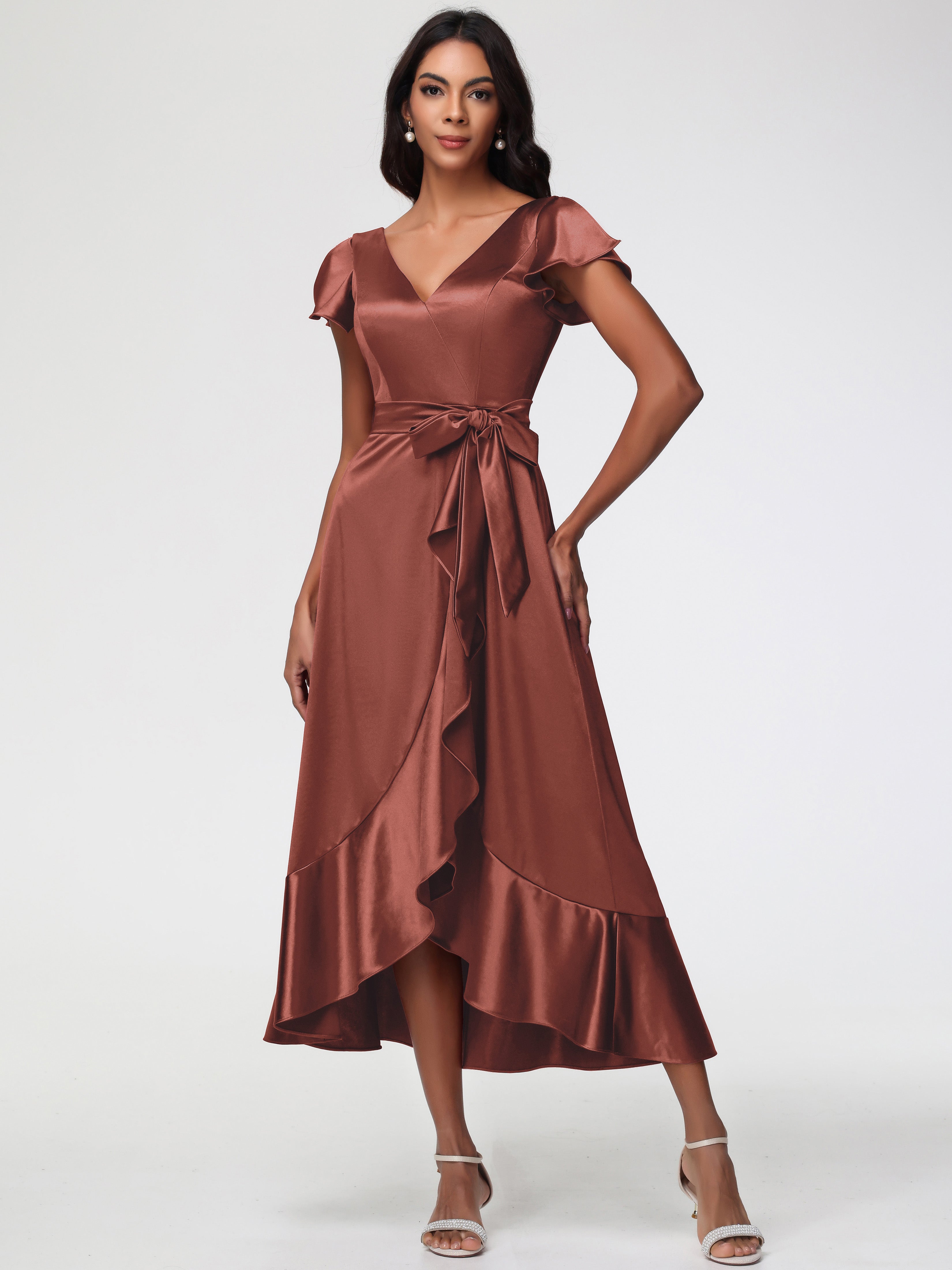 Robe Demoiselle Terracotta Asymétrique Col V Trapèze Satin Extensible Mi-Longue