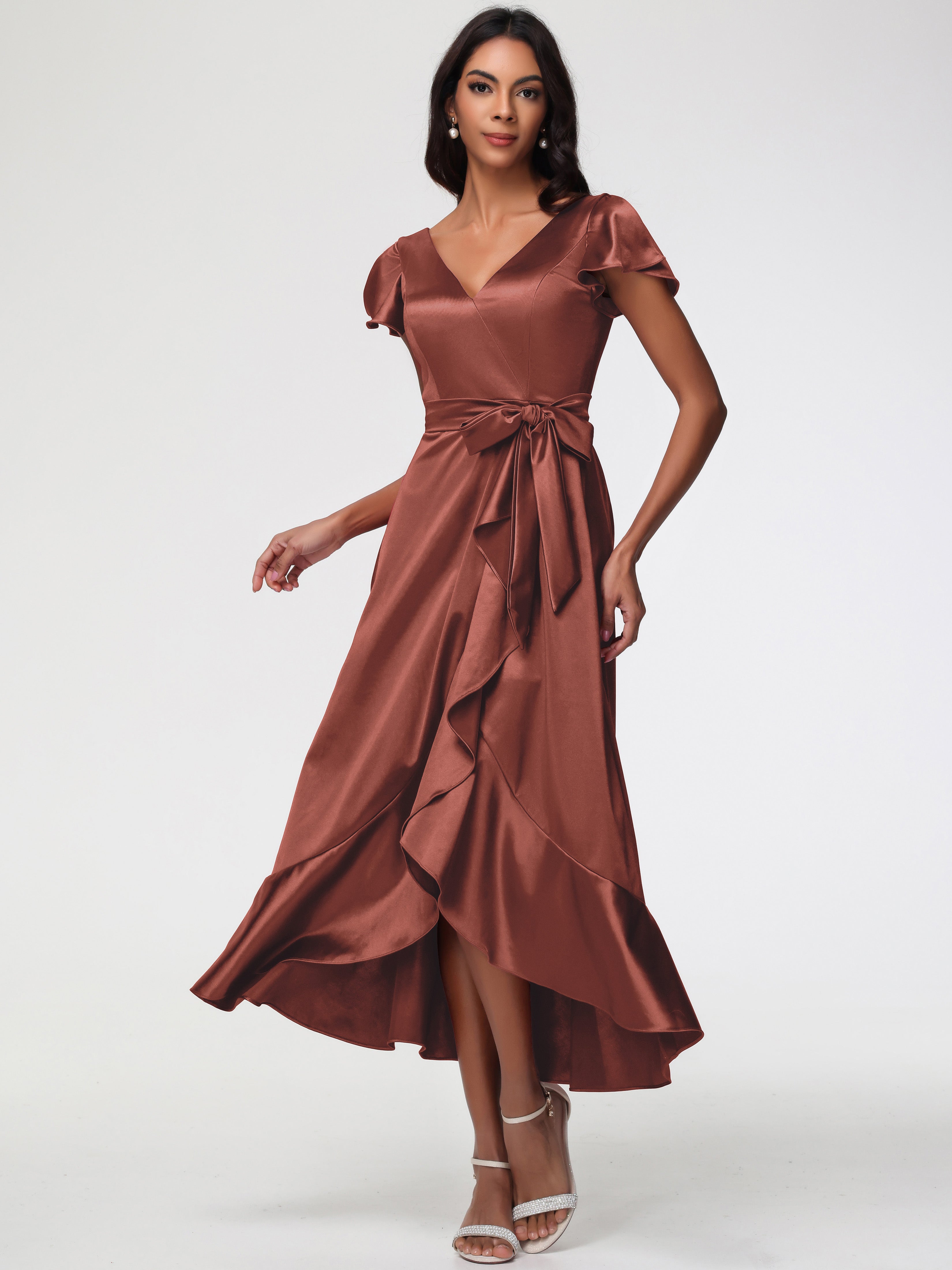Robe Demoiselle Terracotta Asymétrique Col V Trapèze Satin Extensible Mi-Longue