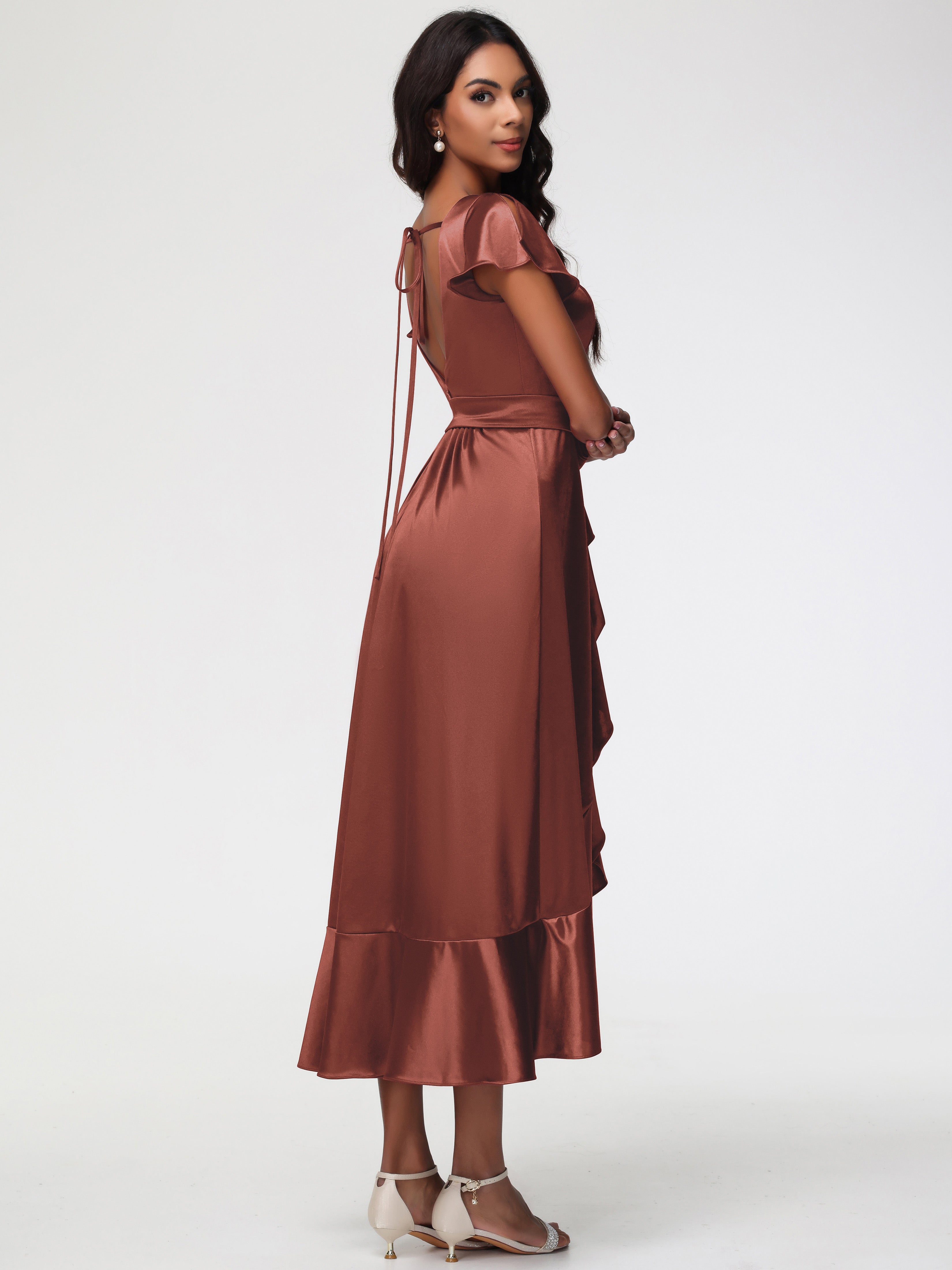 Robe Demoiselle Terracotta Asymétrique Col V Trapèze Satin Extensible Mi-Longue