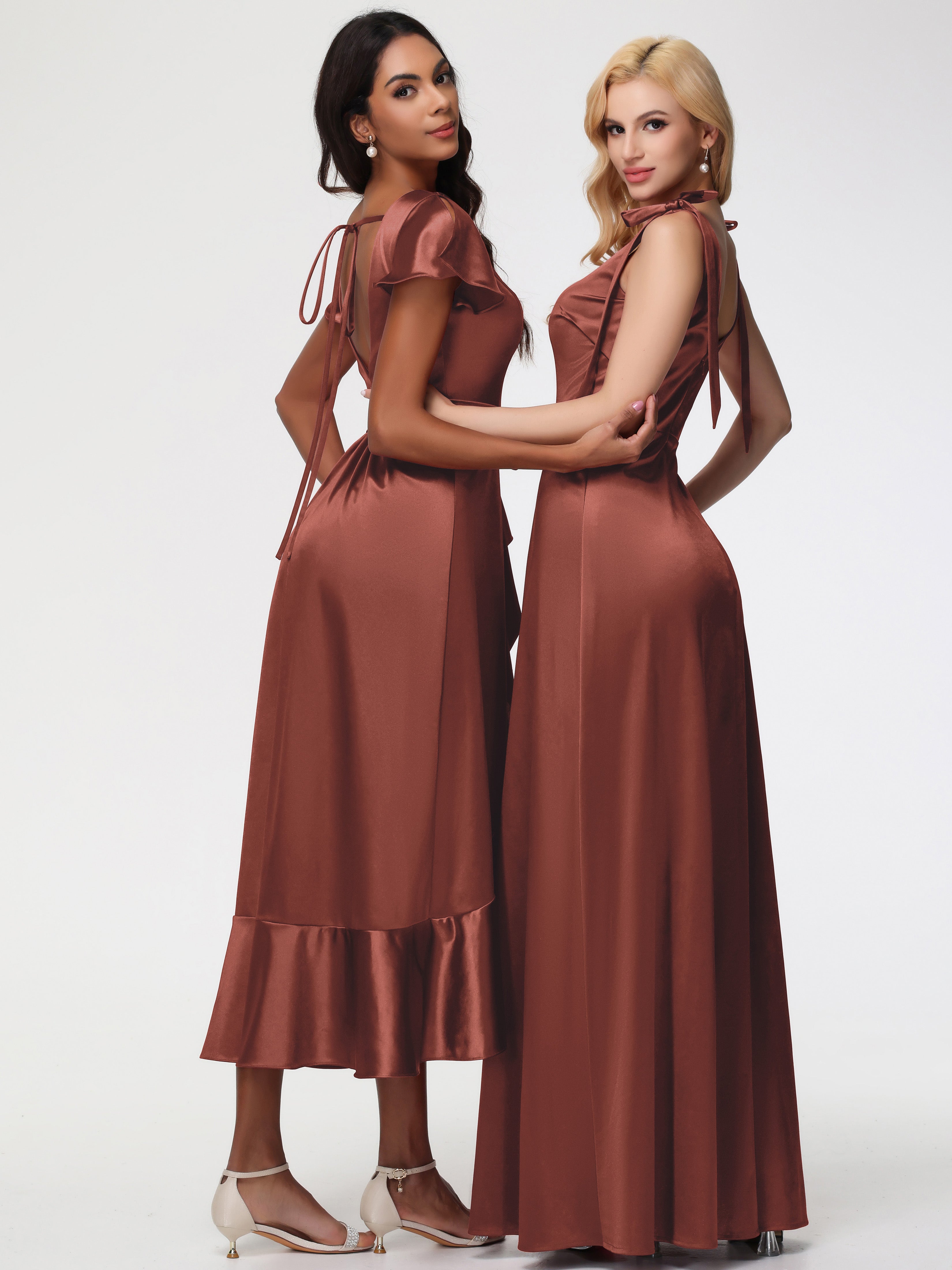 Robe Demoiselle Terracotta Asymétrique Col V Trapèze Satin Extensible Mi-Longue