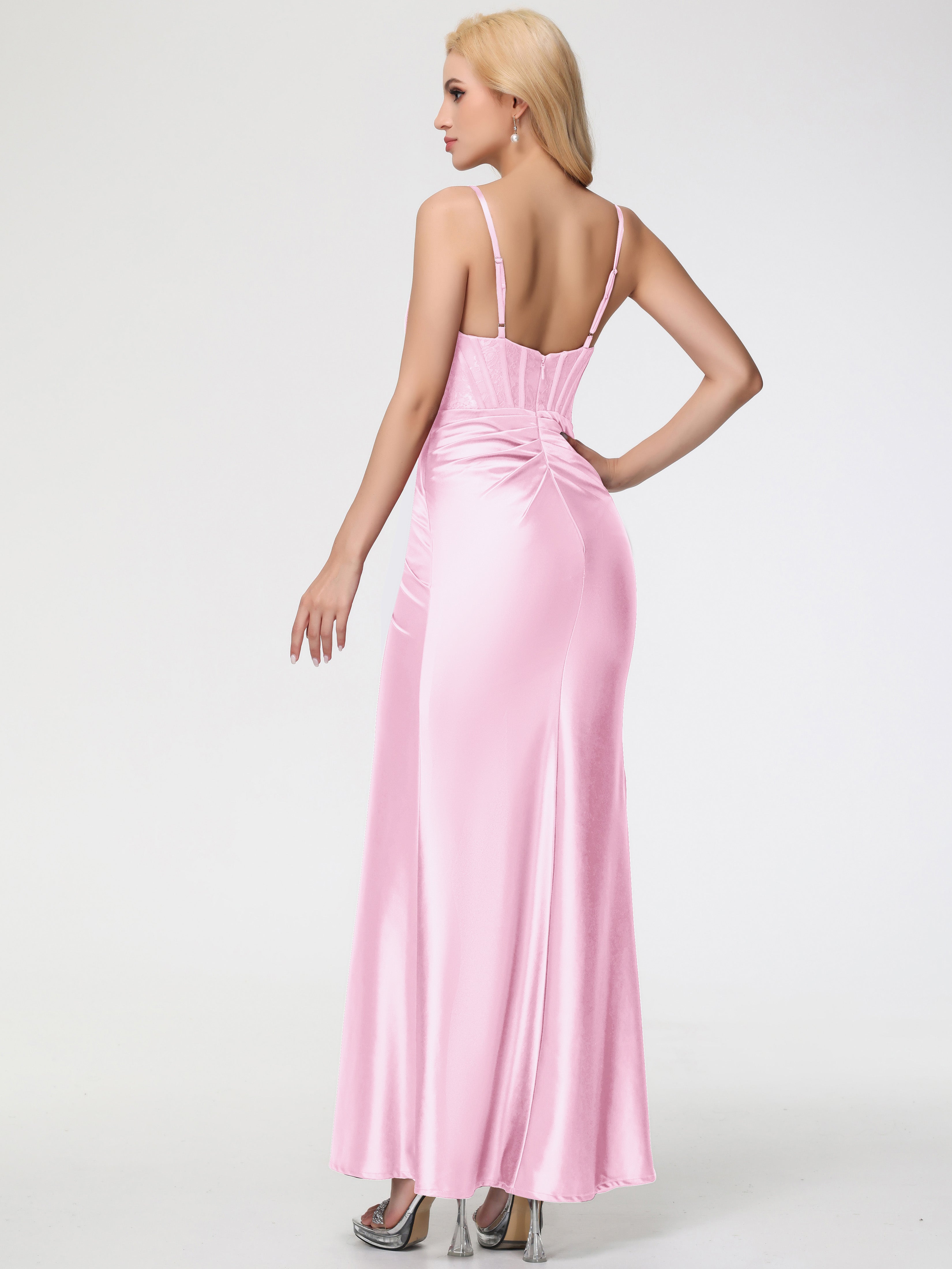 Robe Longue Rose Pale Demoiselle D Honneur Col Bénitier Fendue Satin Extensible Robe De Demoiselle D'Honneur