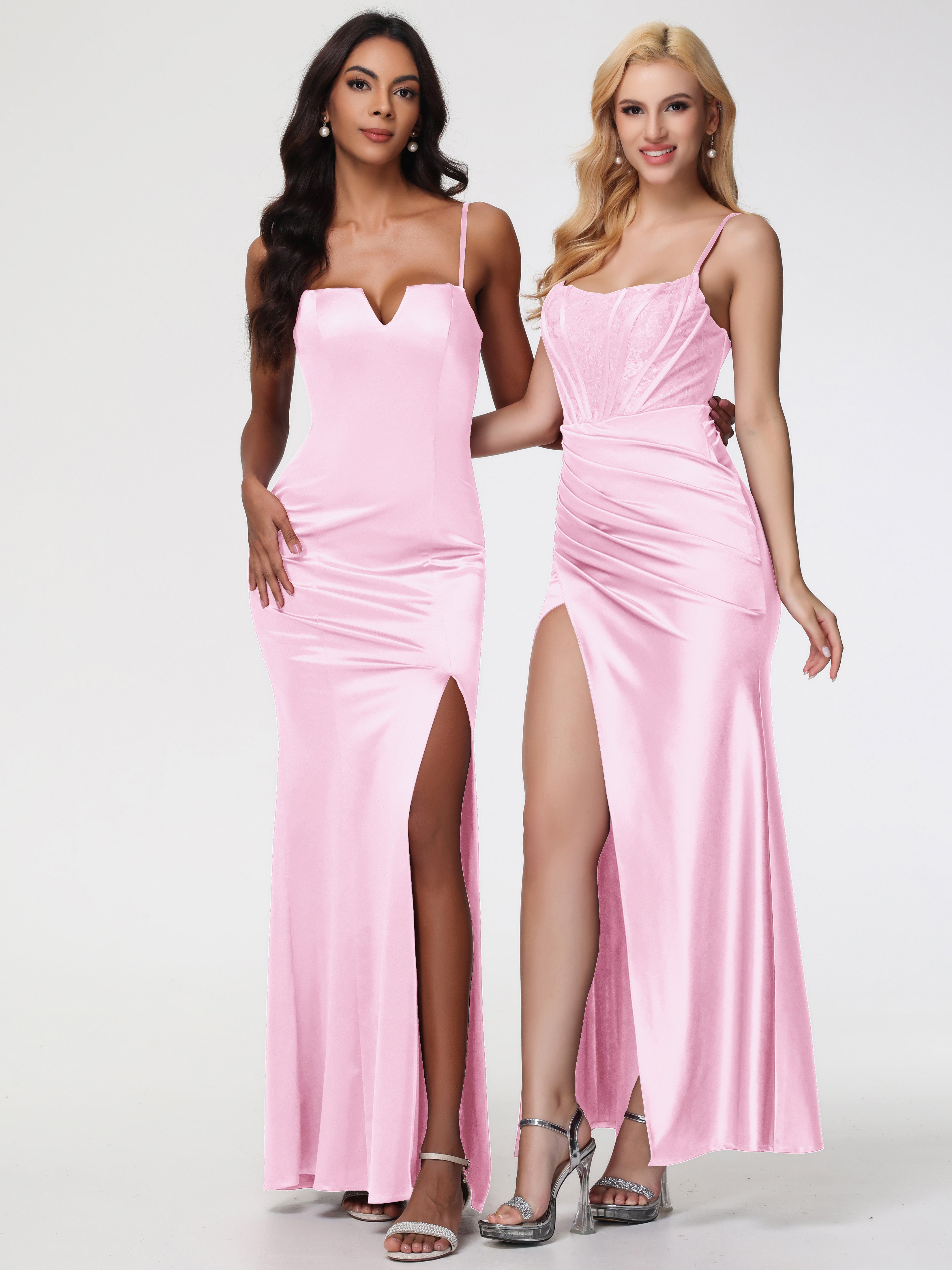 Robe Longue Rose Pale Demoiselle D Honneur Col Bénitier Fendue Satin Extensible Robe De Demoiselle D'Honneur