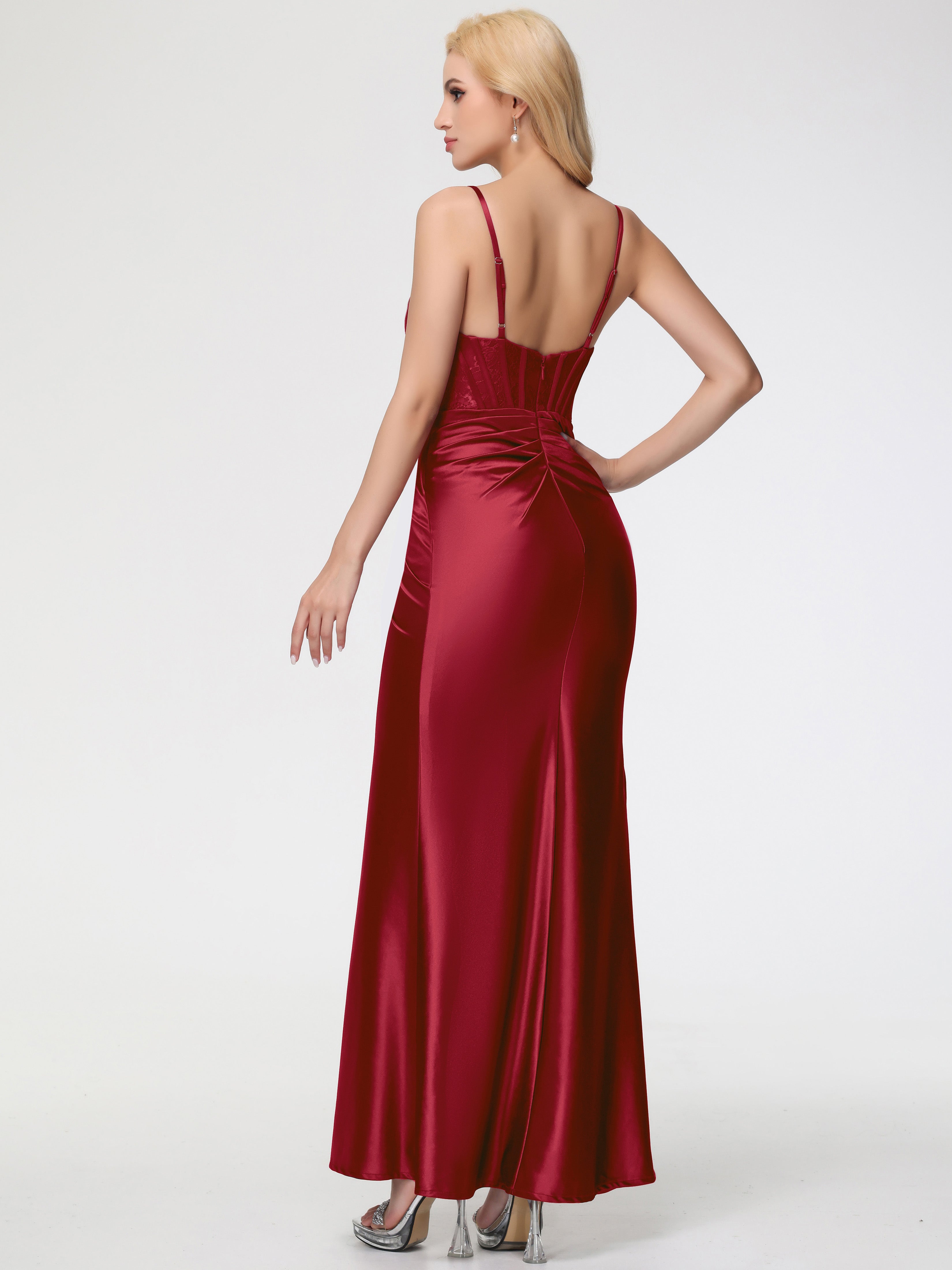 Demoiselle D Honneur Robe Bordeaux Col Bénitier Fendue Satin Extensible Robe De Demoiselle D'Honneur