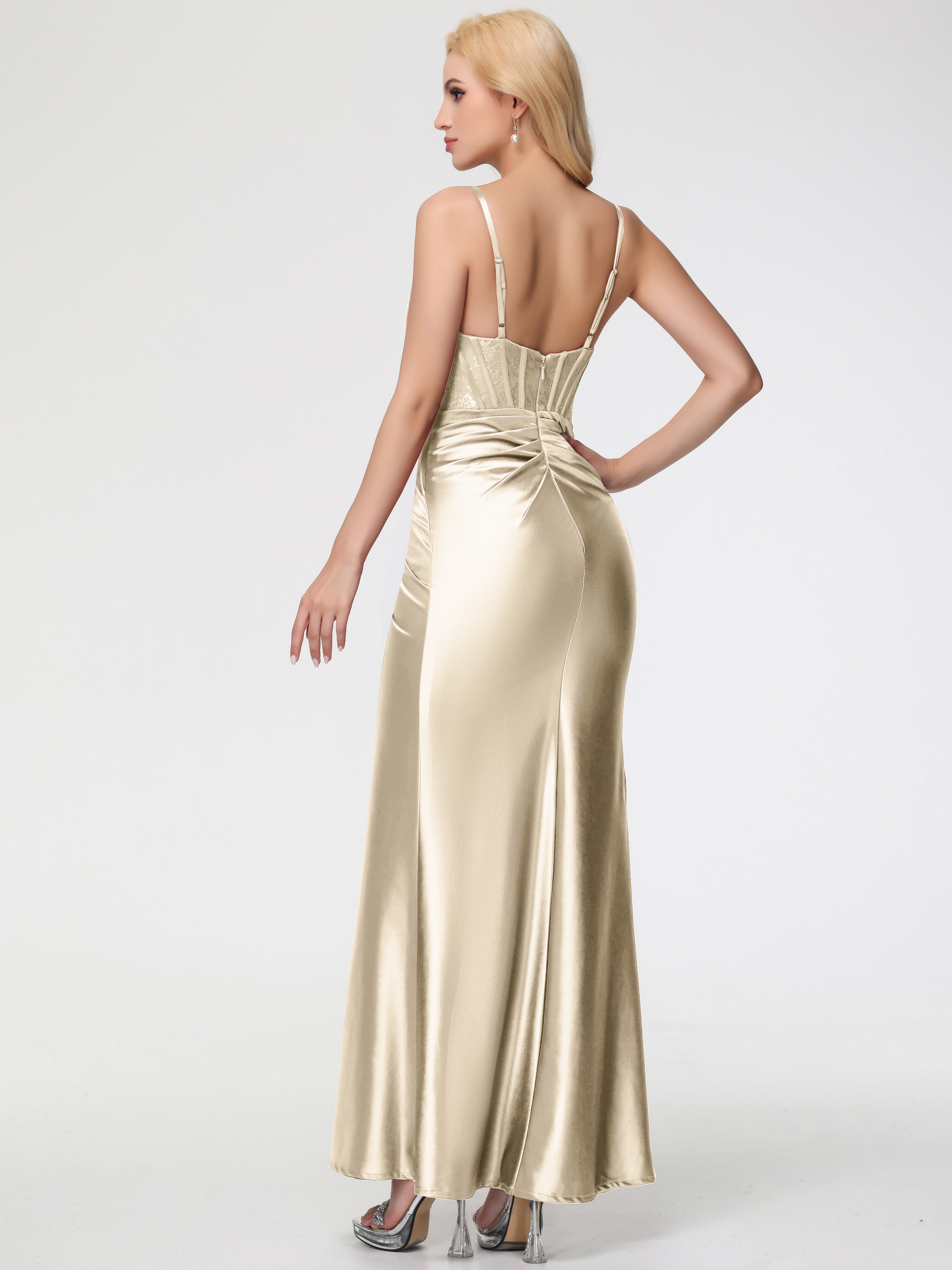 Long Robe Champagne Demoiselle D Honneur Col Bénitier Fendue Satin Extensible Robe De Demoiselle D'Honneur