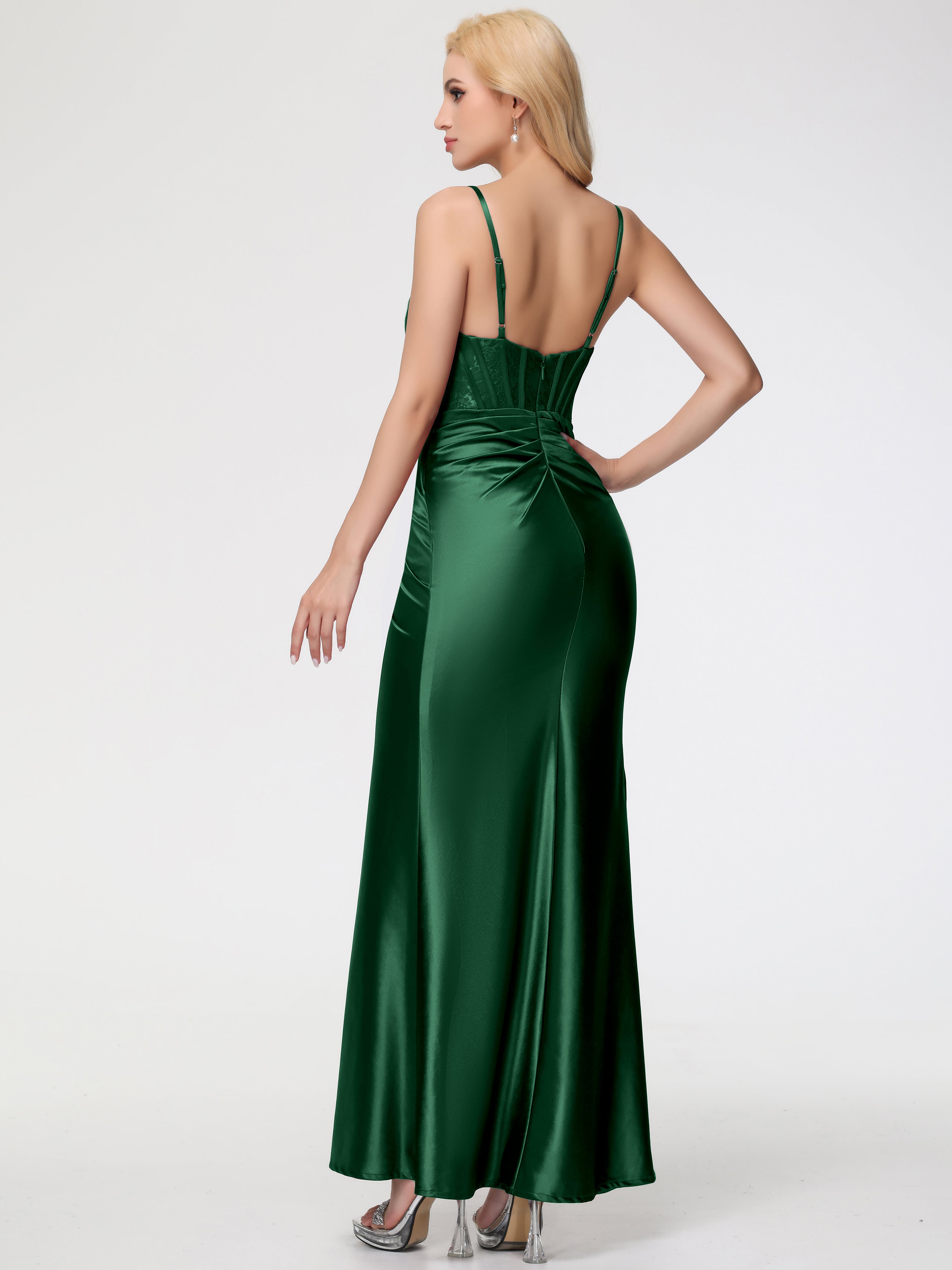 Robes De Demoiselle D'Honneur VERT FONCÉ Col Bénitier Fendue Satin Extensible Robe De Demoiselle D'Honneur
