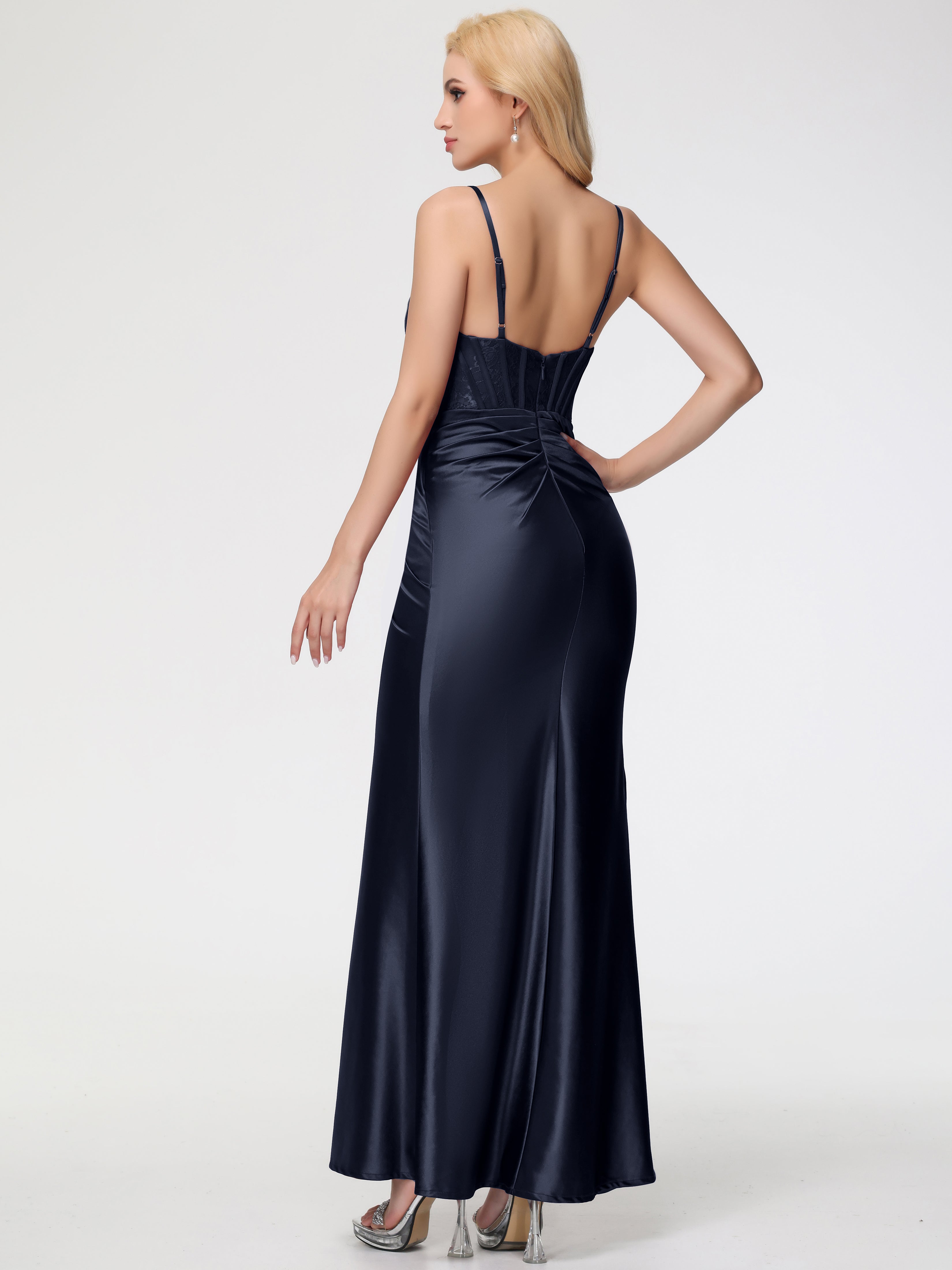 Robe Longue Bleu Marine Demoiselle D Honneur Col Bénitier Fendue Satin Extensible Robe De Demoiselle D'Honneur