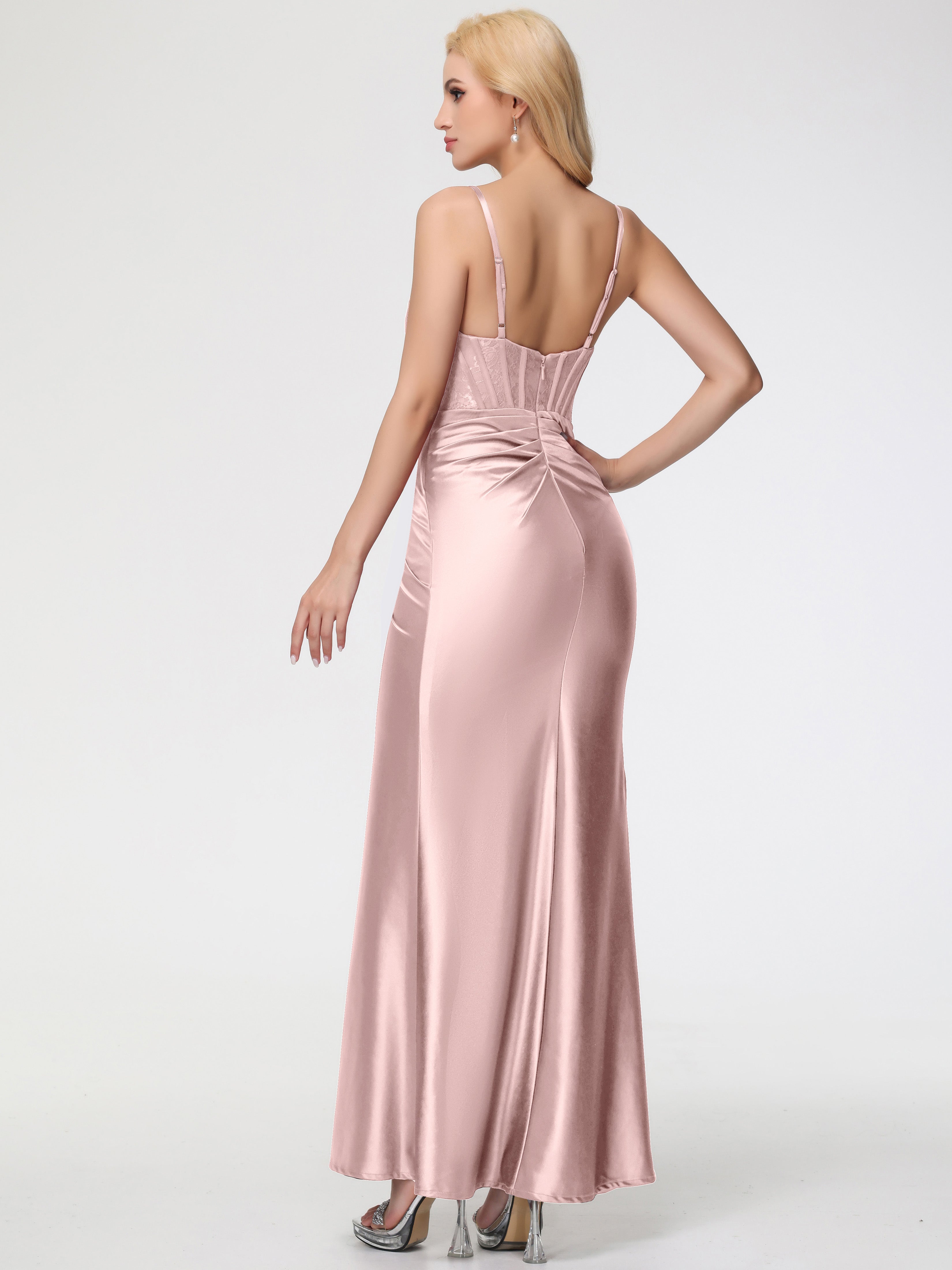 Demoiselle Temoin Robe ROSE POUDRÉ Mariage Col Bénitier Fendue Satin Extensible Robe De Demoiselle D'Honneur