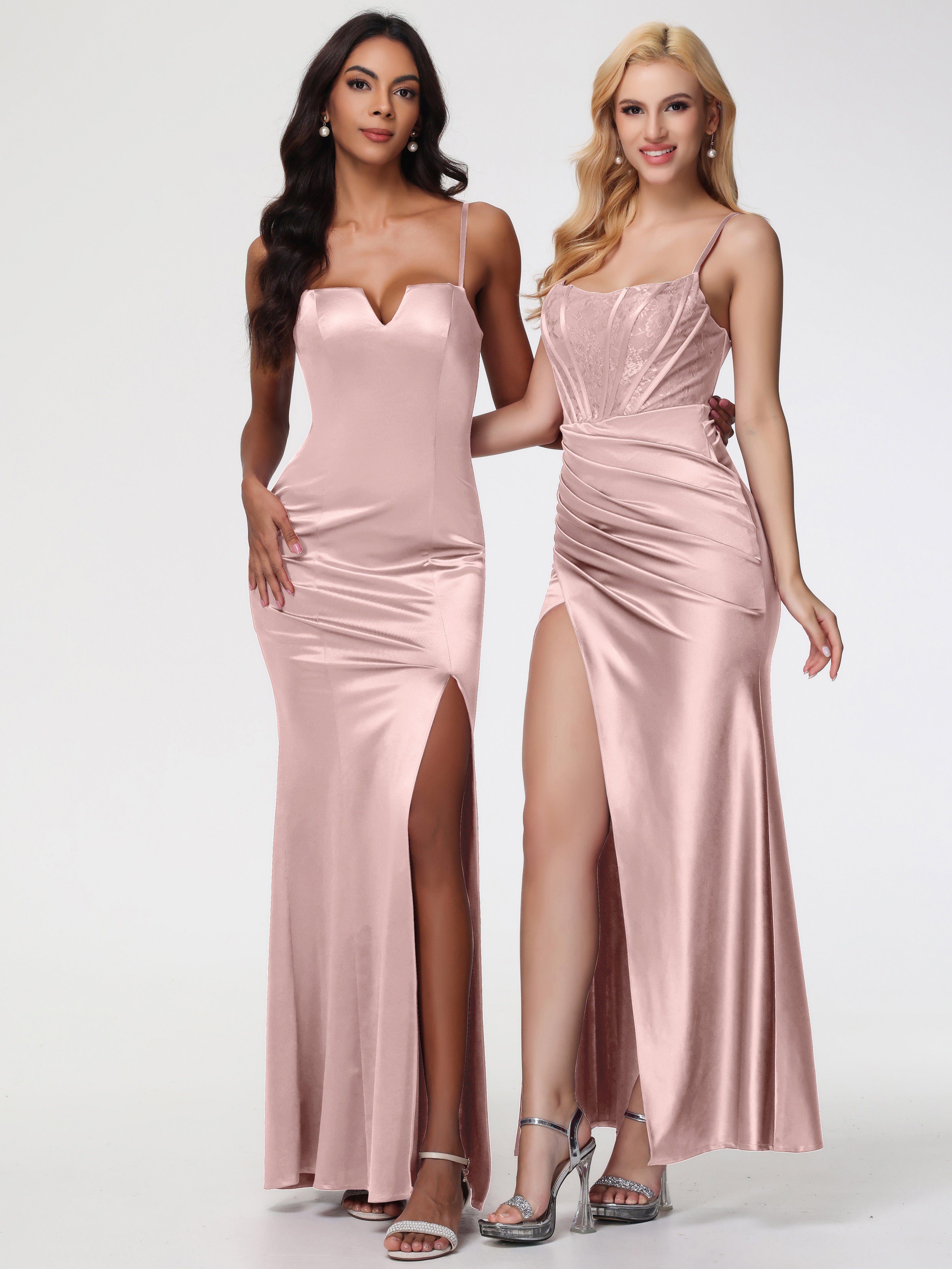 Demoiselle Temoin Robe ROSE POUDRÉ Mariage Col Bénitier Fendue Satin Extensible Robe De Demoiselle D'Honneur