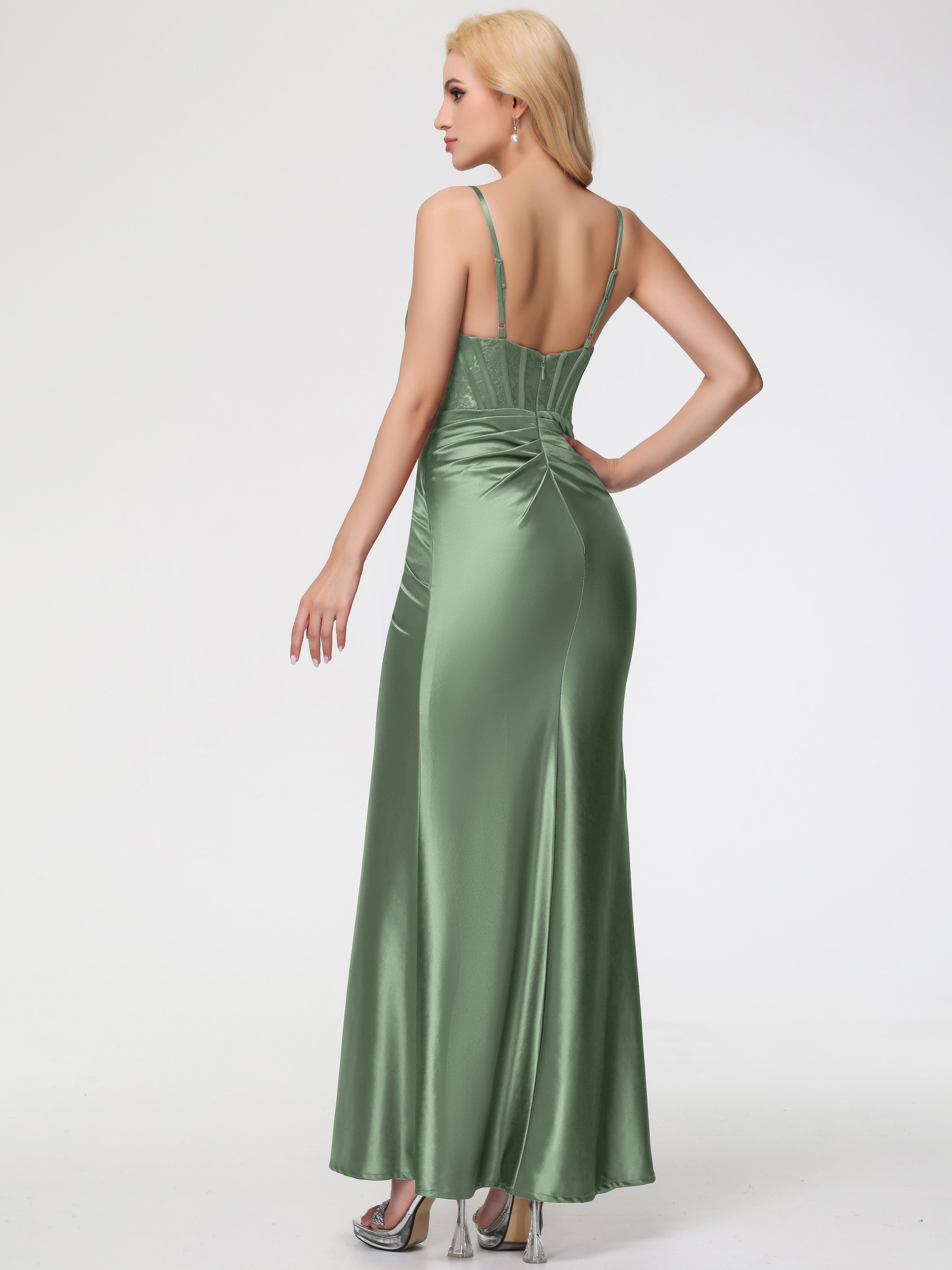Robes Pour Demoiselles D Honneur Robe Vert Sauge Col Bénitier Fendue Satin Extensible Robe De Demoiselle D'Honneur