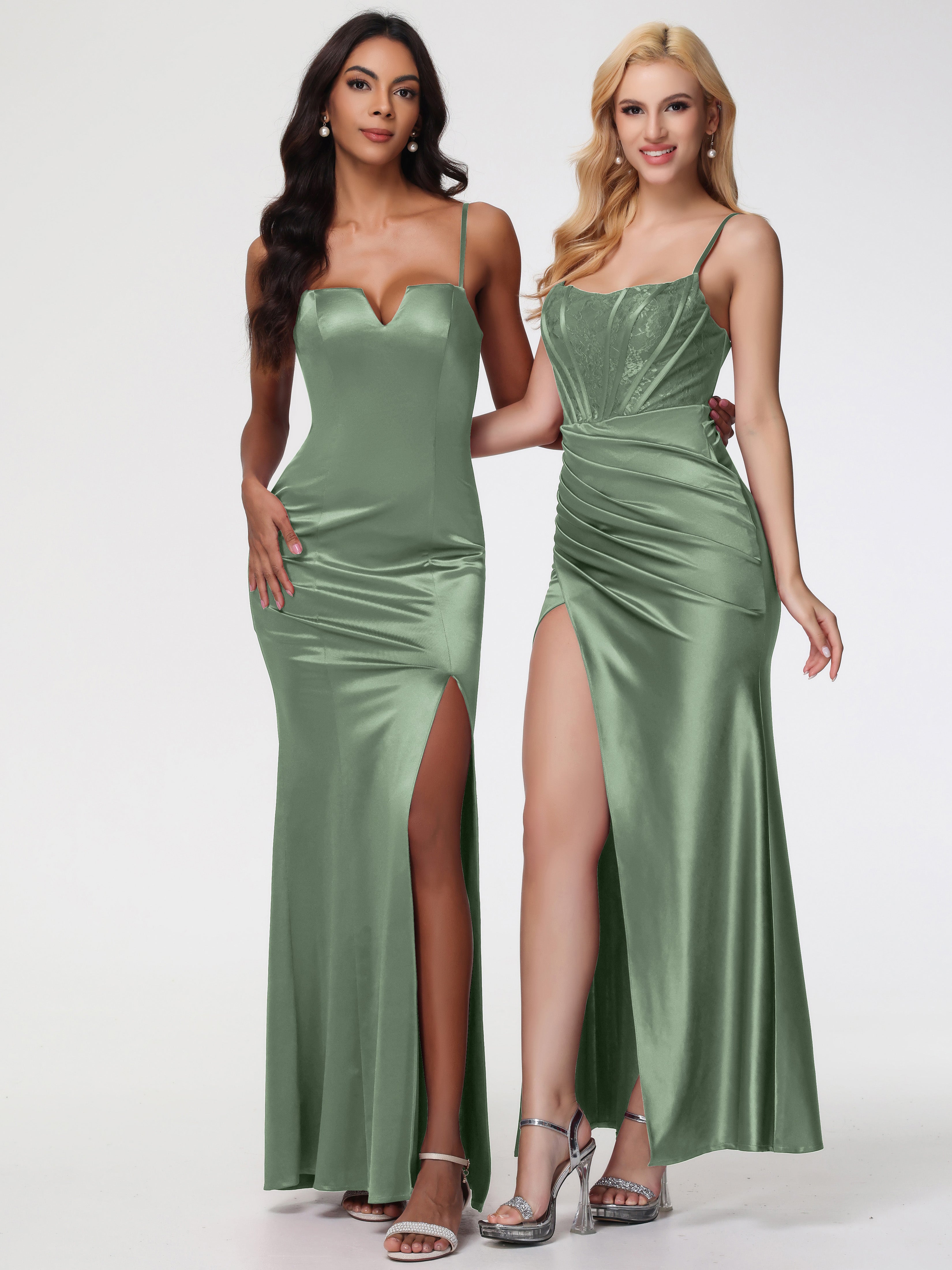 Robes Pour Demoiselles D Honneur Robe Vert Sauge Col Bénitier Fendue Satin Extensible Robe De Demoiselle D'Honneur