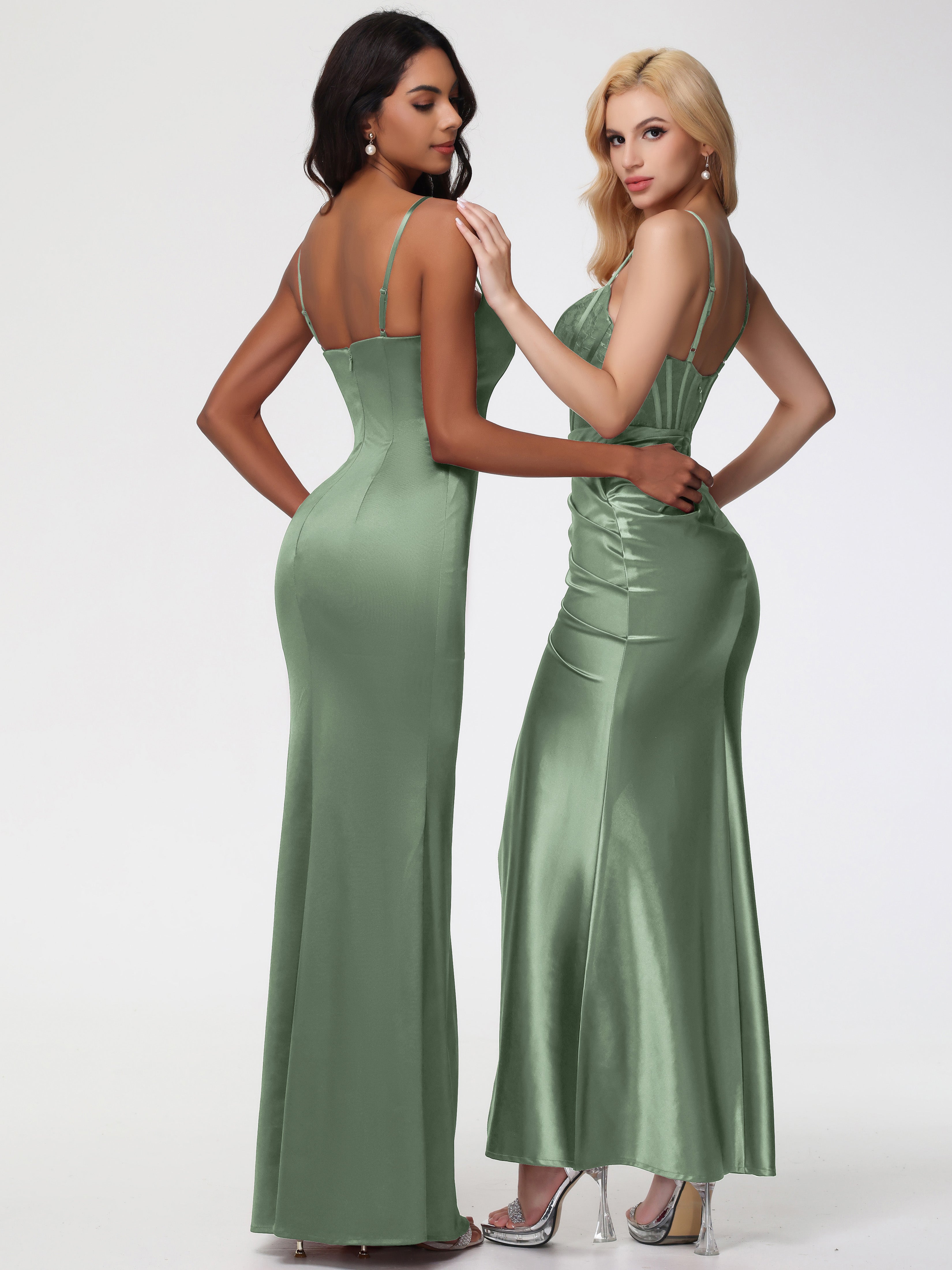 Robes Pour Demoiselles D Honneur Robe Vert Sauge Col Bénitier Fendue Satin Extensible Robe De Demoiselle D'Honneur