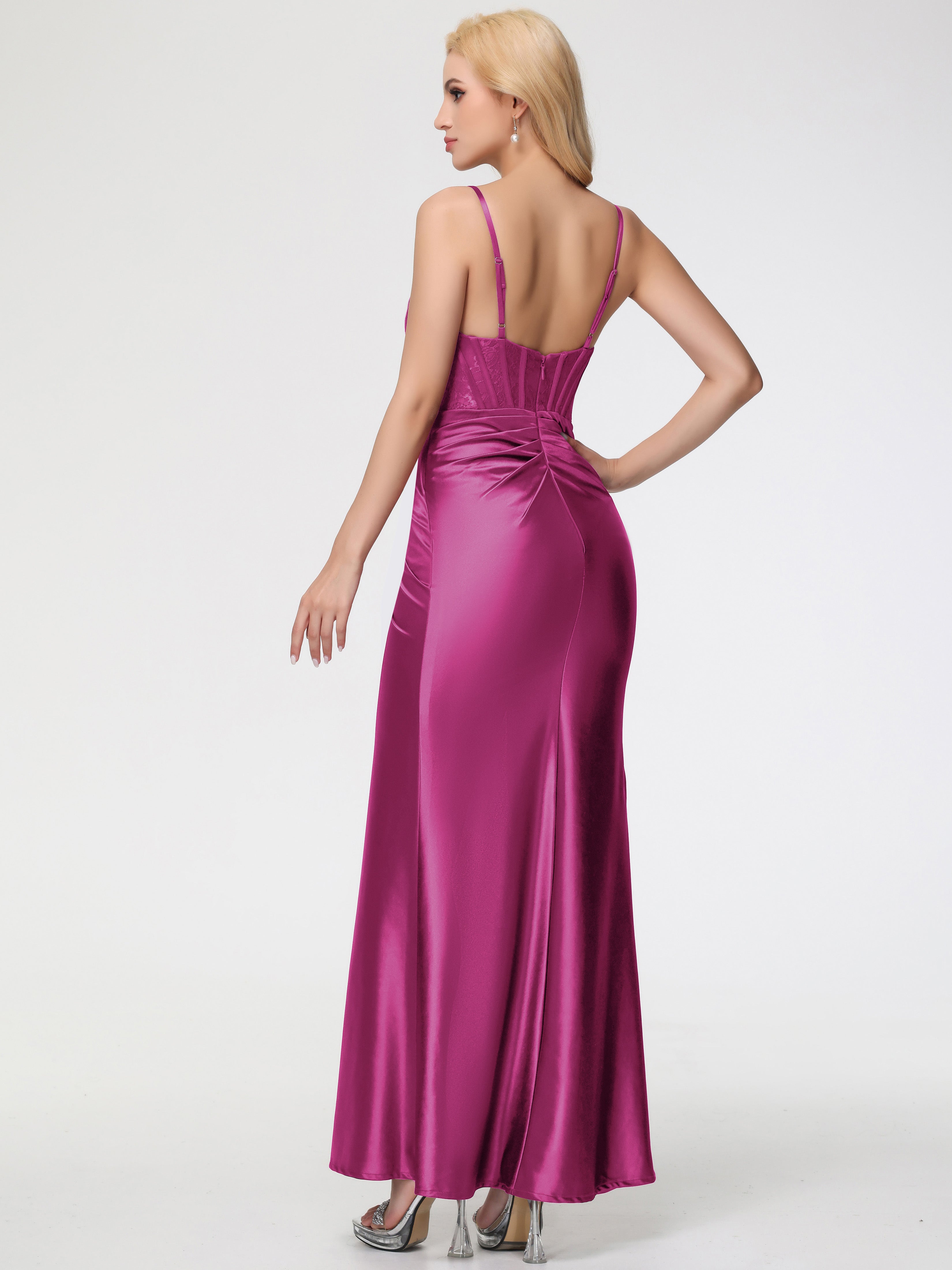 Robe Demoiselle D Honneur Fuchsia Col Bénitier Fendue Satin Extensible Robe De Demoiselle D'Honneur