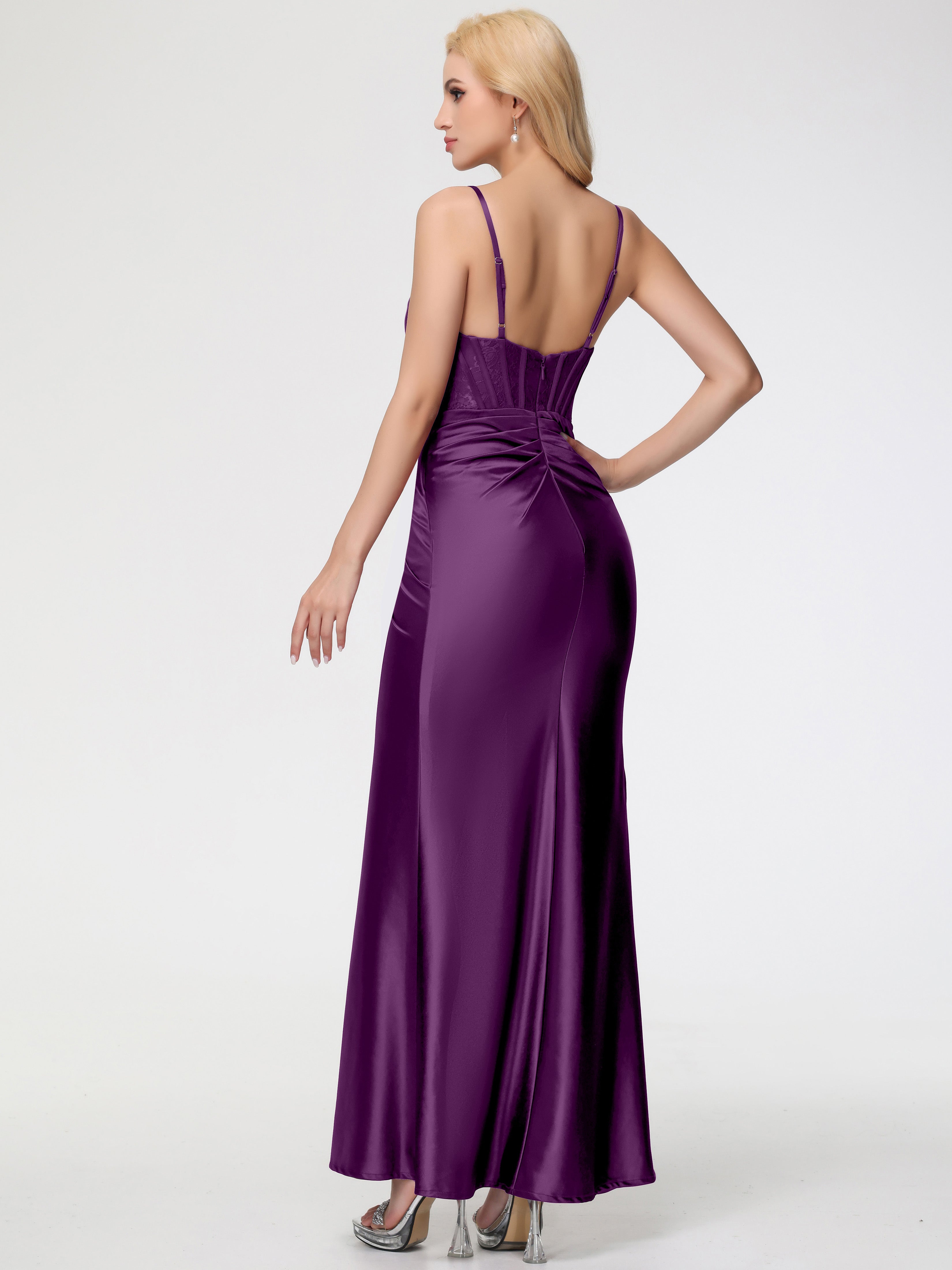 Robes De Demoiselle D'Honneur Raisin Col Bénitier Fendue Satin Extensible Robe De Demoiselle D'Honneur