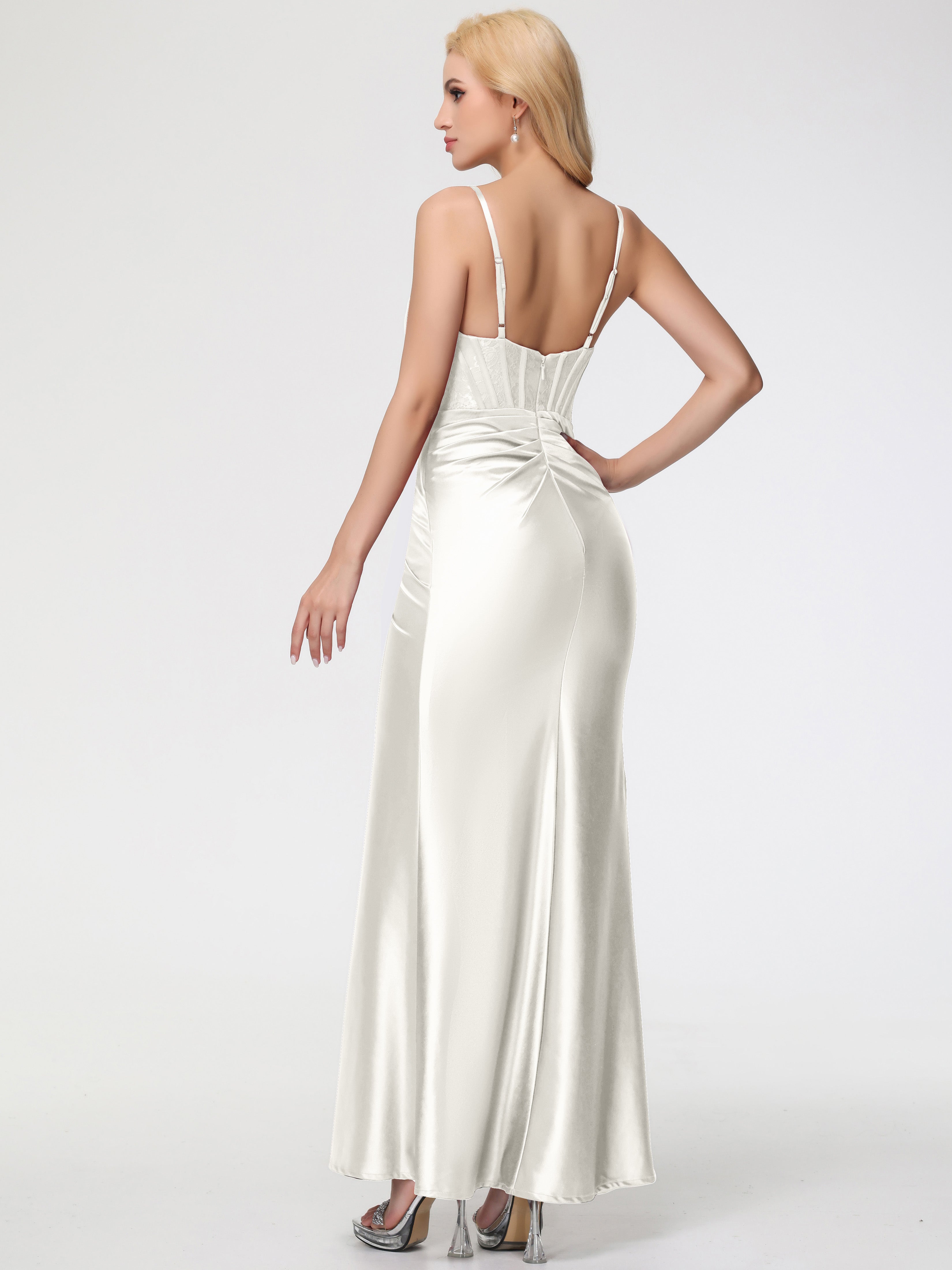 Robe Demoiselle D Honneur Ivoire Col Bénitier Fendue Satin Extensible Robe De Demoiselle D'Honneur