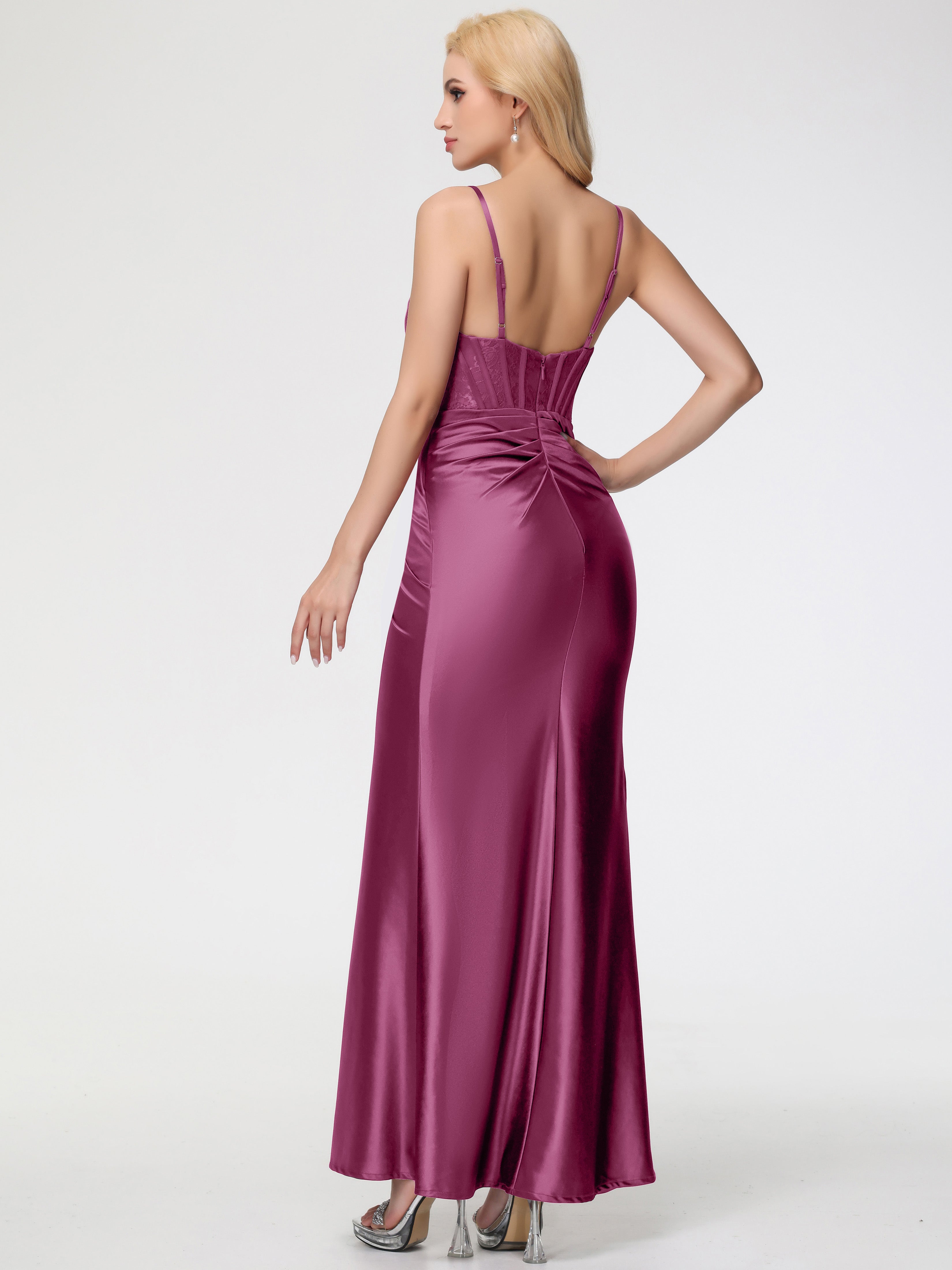 Robes De Demoiselle D'Honneur Mure Col Bénitier Fendue Satin Extensible Robe De Demoiselle D'Honneur