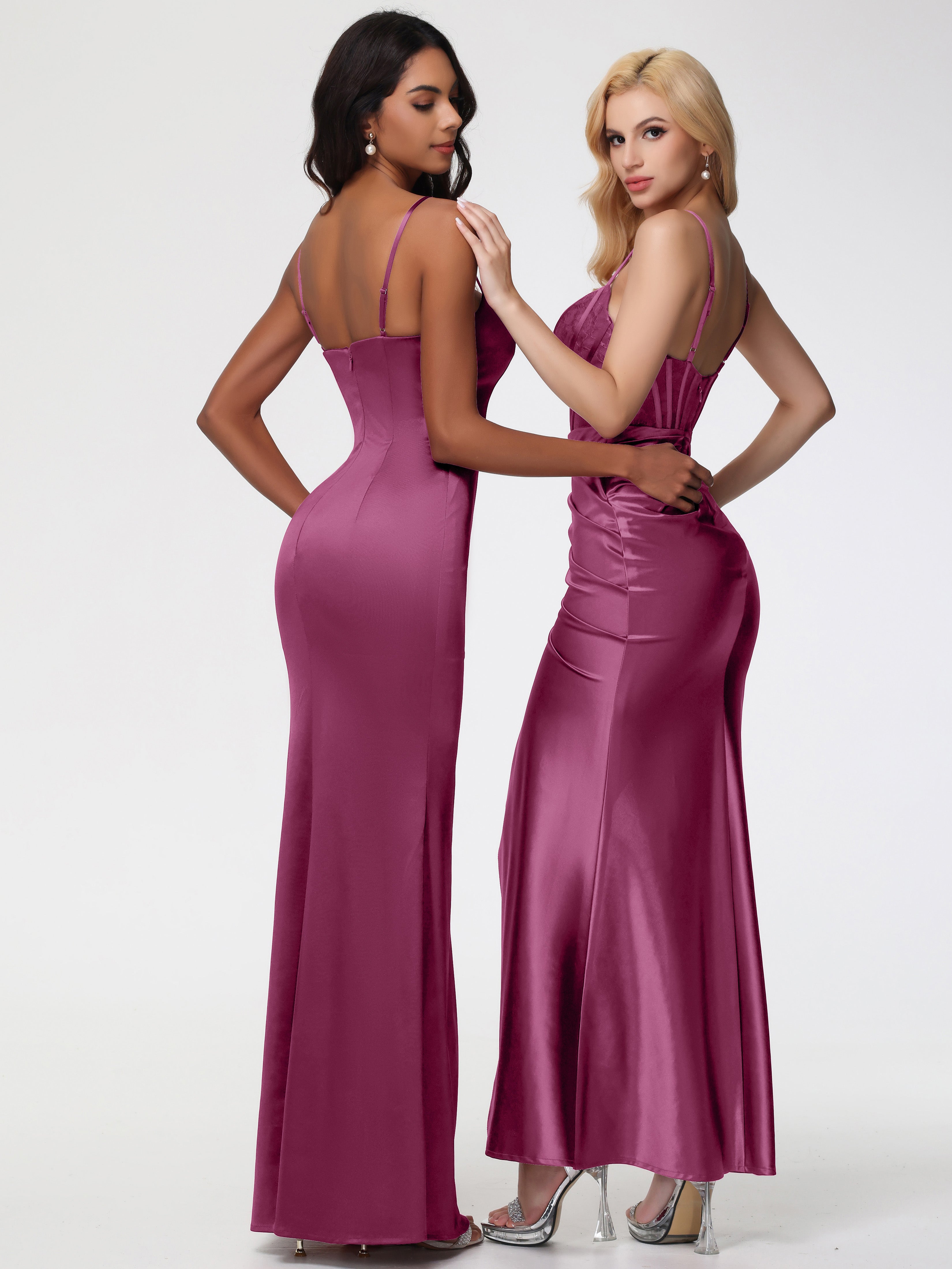 Robes De Demoiselle D'Honneur Mure Col Bénitier Fendue Satin Extensible Robe De Demoiselle D'Honneur