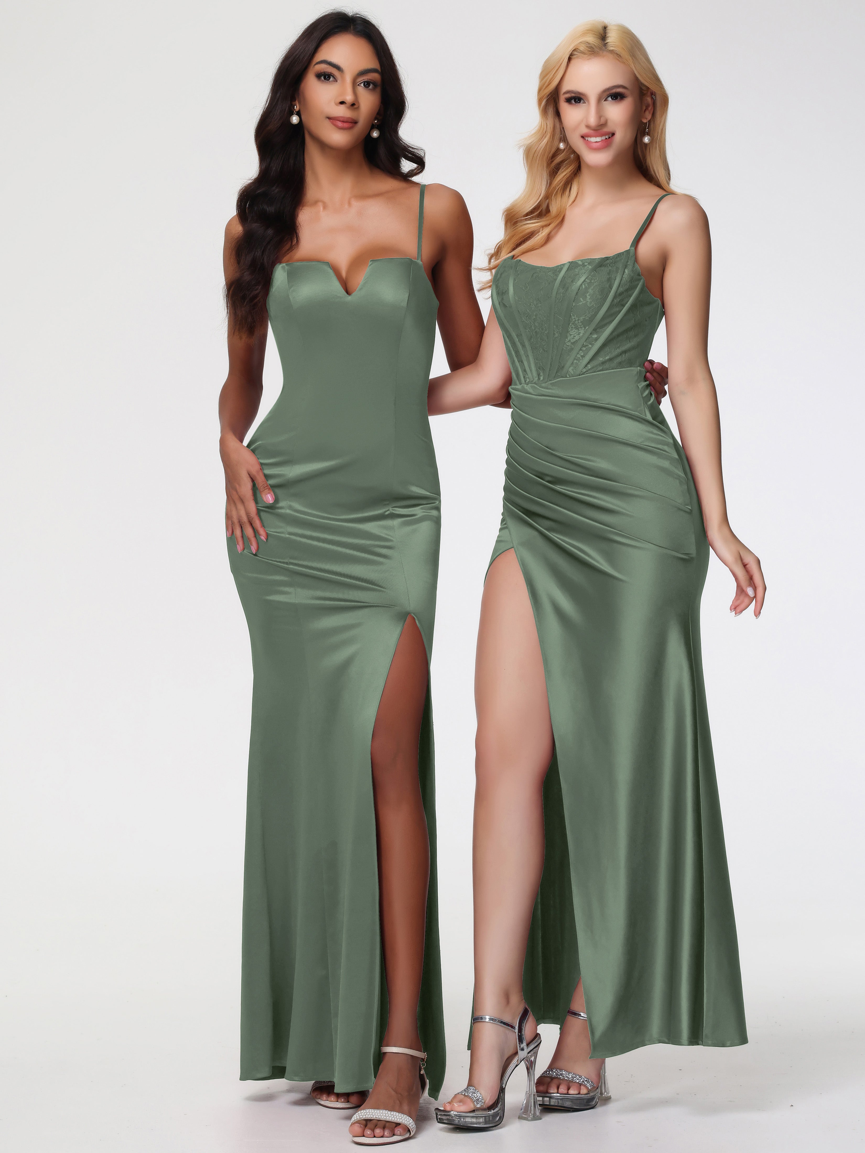 Robes De Demoiselle D'Honneur Vert Olive Col Bénitier Fendue Satin Extensible Robe De Demoiselle D'Honneur
