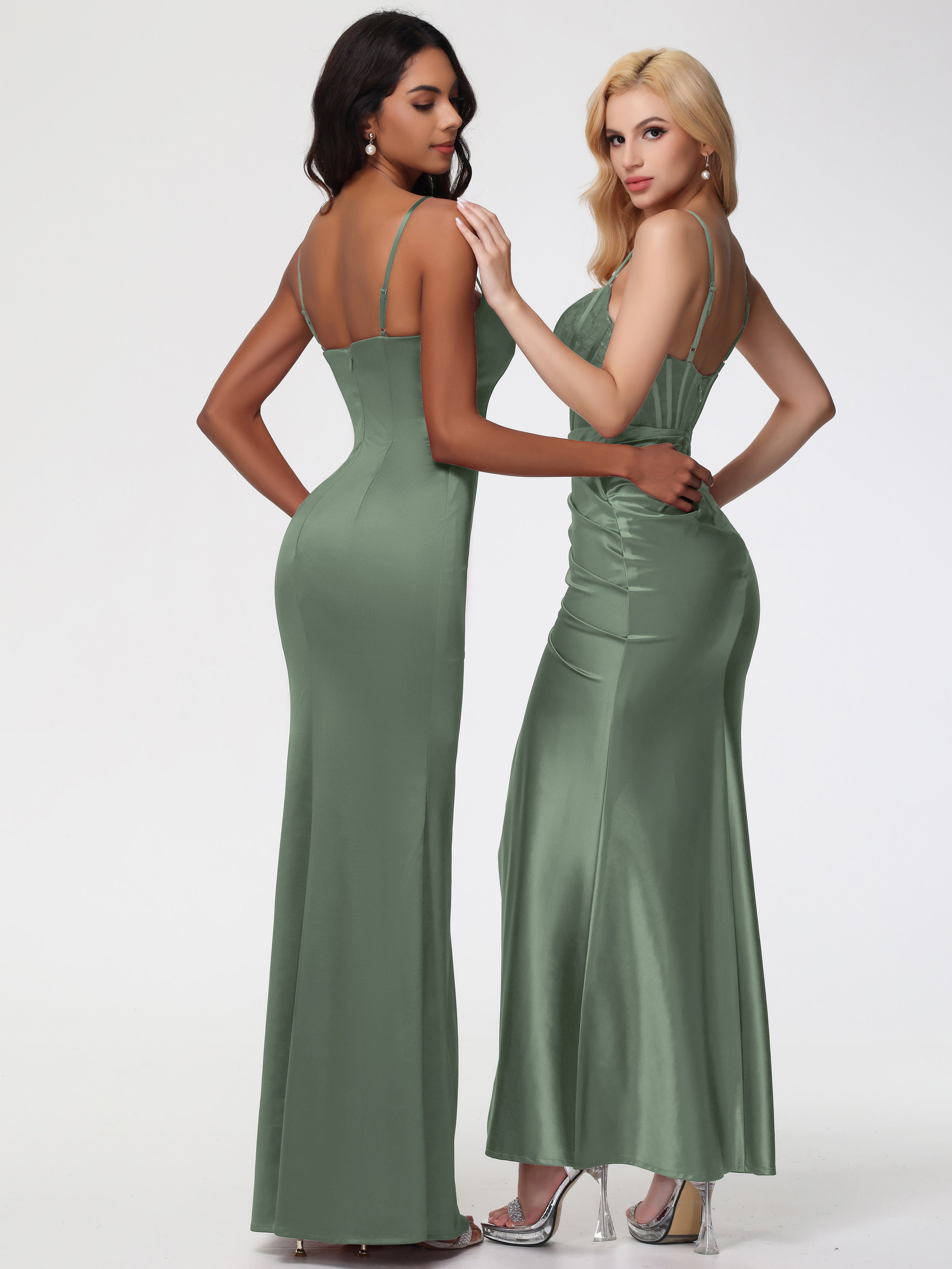 Robes De Demoiselle D'Honneur Vert Olive Col Bénitier Fendue Satin Extensible Robe De Demoiselle D'Honneur