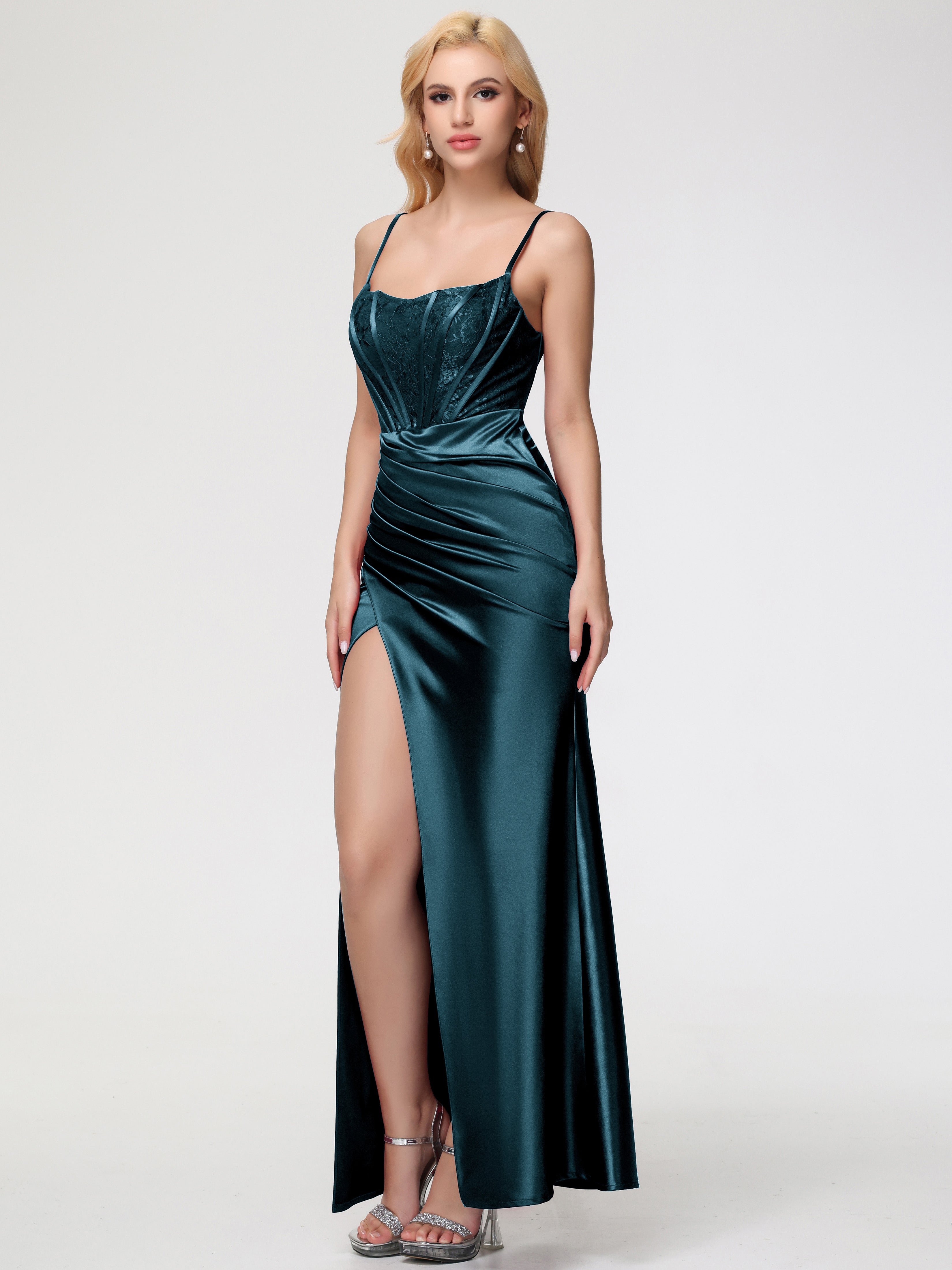 Robe De Demoiselle D'Honneur De Paon Au Sol Col Bénitier Fendue Satin Extensible Robe De Demoiselle D'Honneur