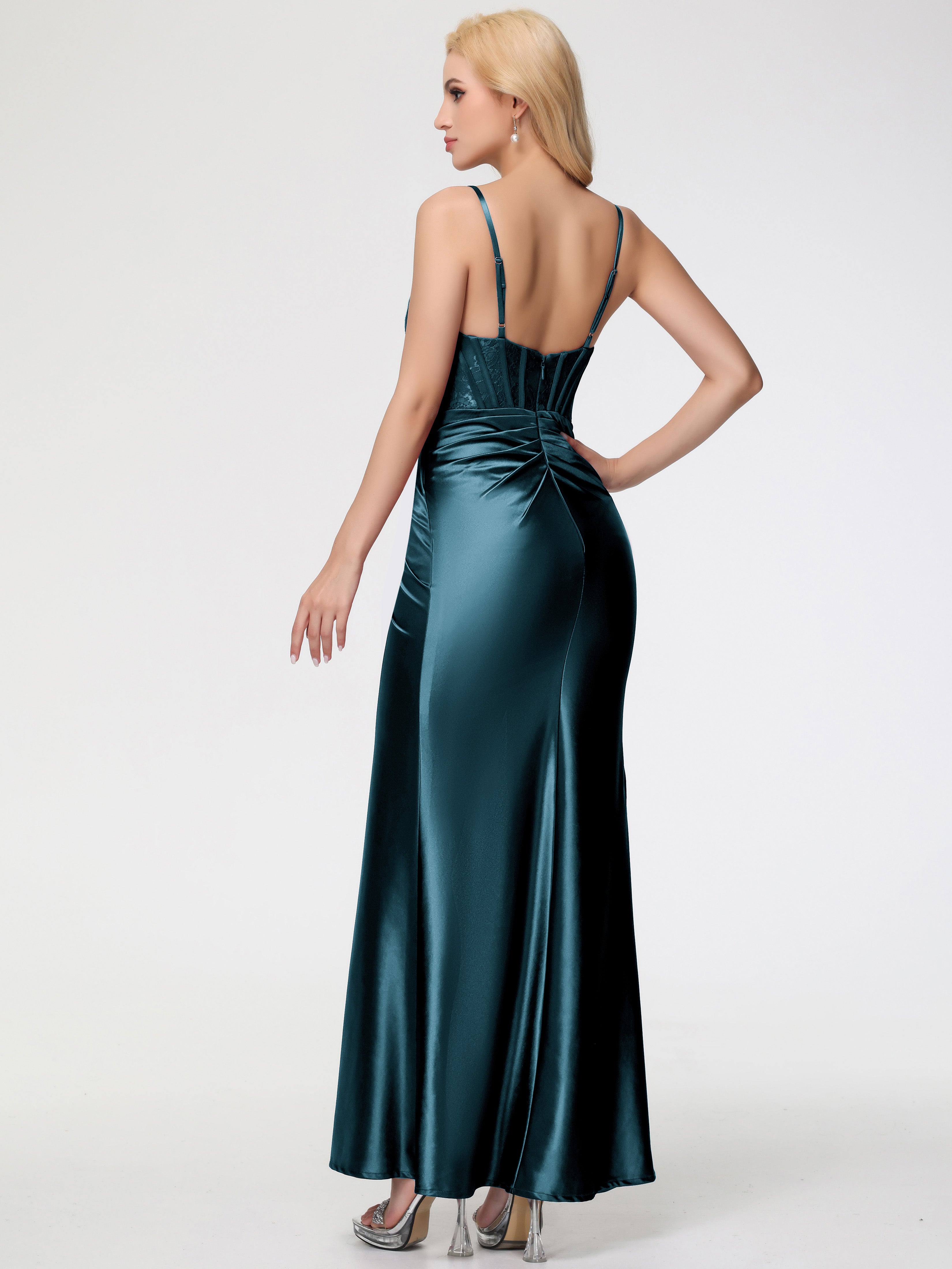 Robe De Demoiselle D'Honneur De Paon Au Sol Col Bénitier Fendue Satin Extensible Robe De Demoiselle D'Honneur