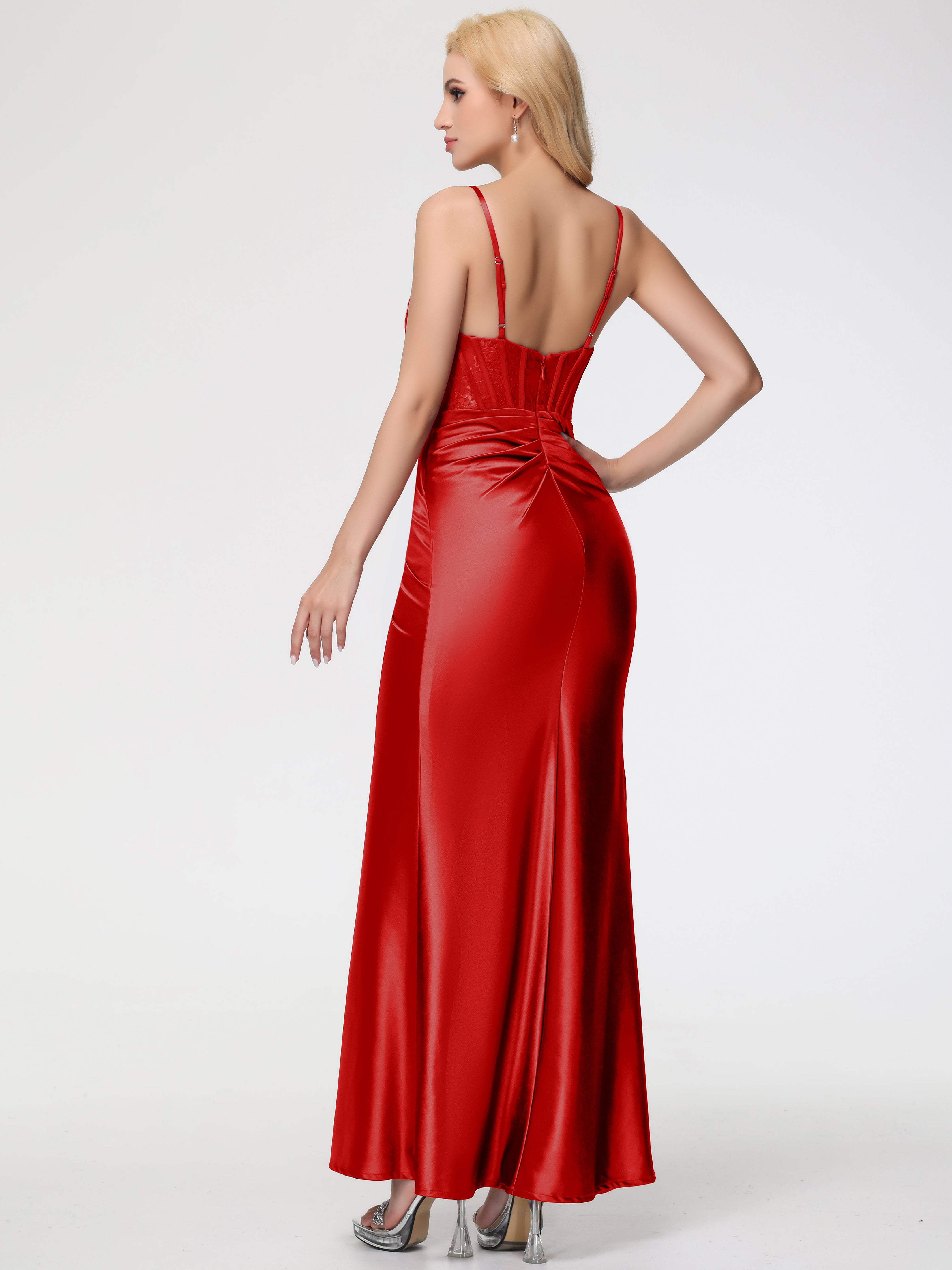 Robe Longue Rouge Demoiselle D Honneur Col Bénitier Fendue Satin Extensible Robe De Demoiselle D'Honneur