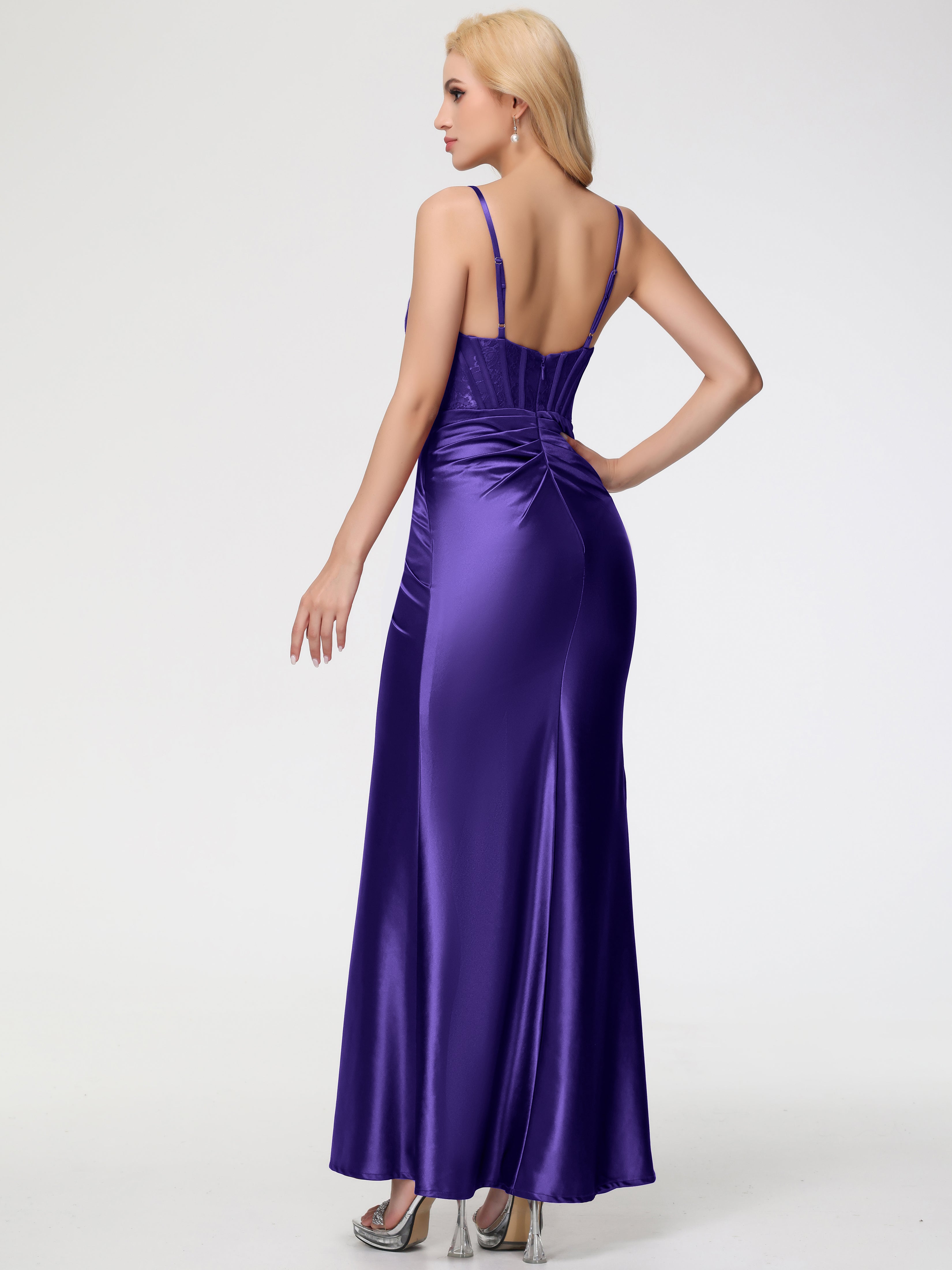 Robes De Demoiselle D'Honneur En Régence Col Bénitier Fendue Satin Extensible Robe De Demoiselle D'Honneur