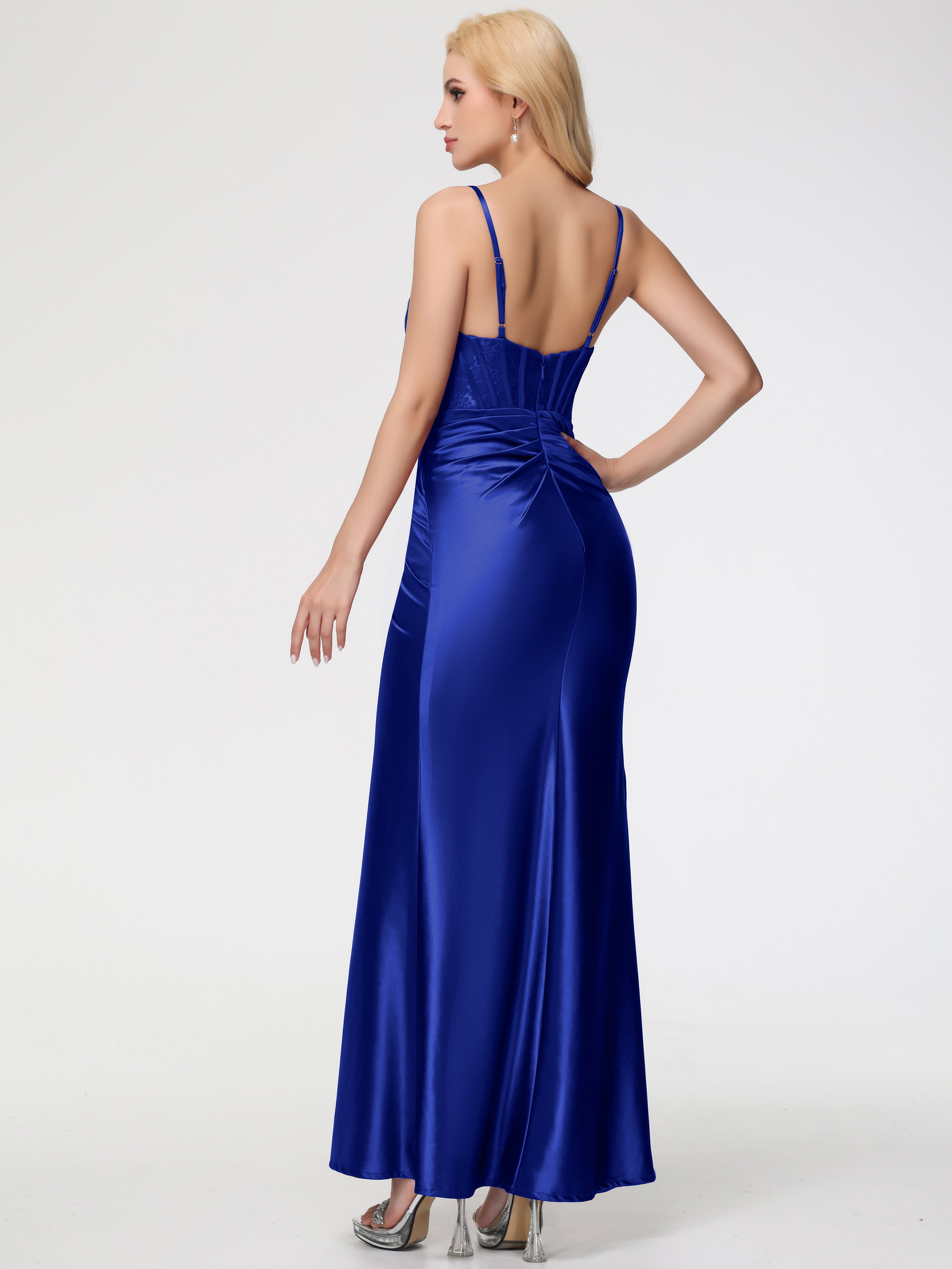 Bleu Royal Robe Demoiselle D Honneur Bleu Roi Col Bénitier Fendue Satin Extensible Robe De Demoiselle D'Honneur