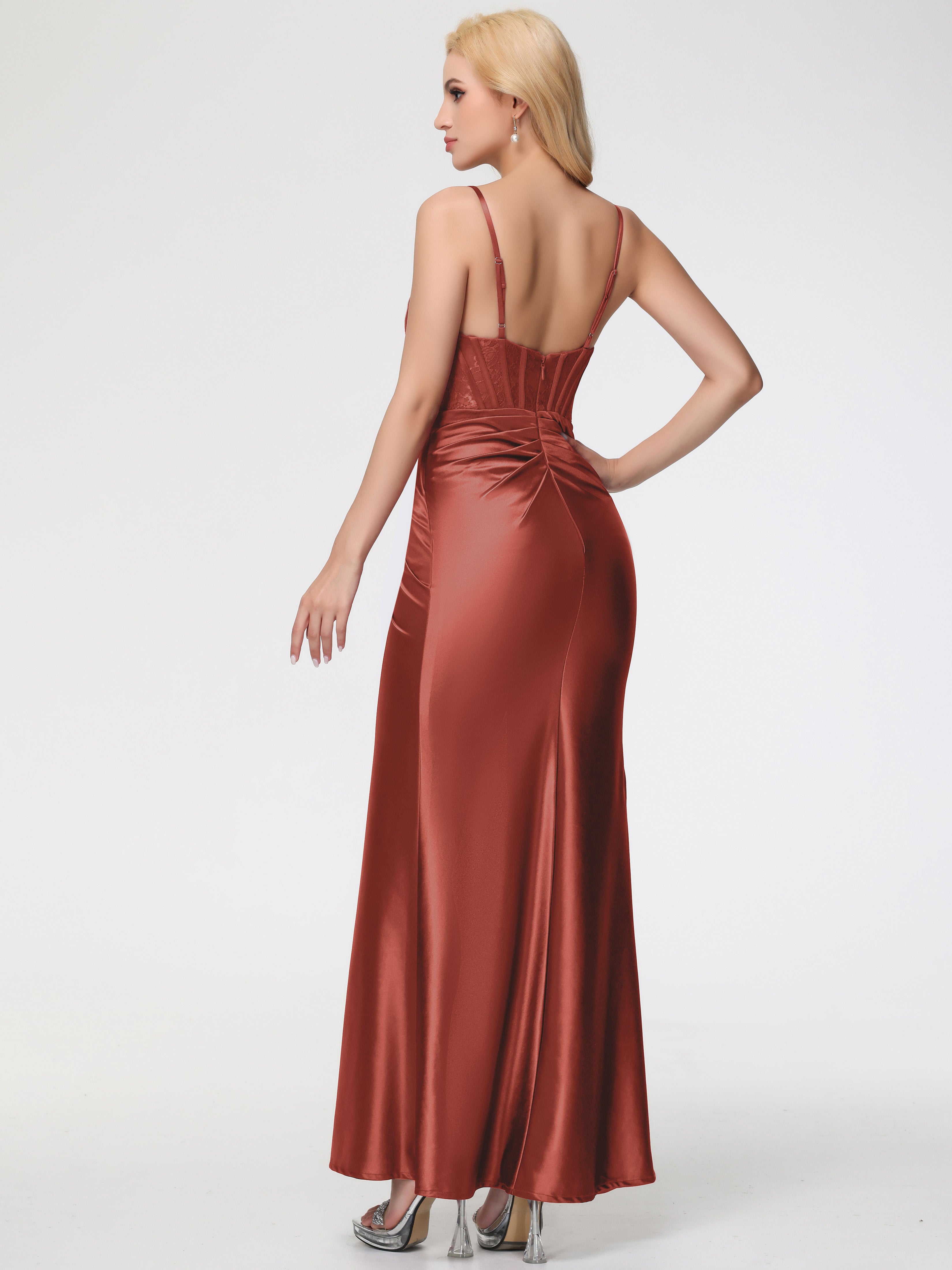 Robe Demoiselle D Honneur Rouille Col Bénitier Fendue Satin Extensible Robe De Demoiselle D'Honneur