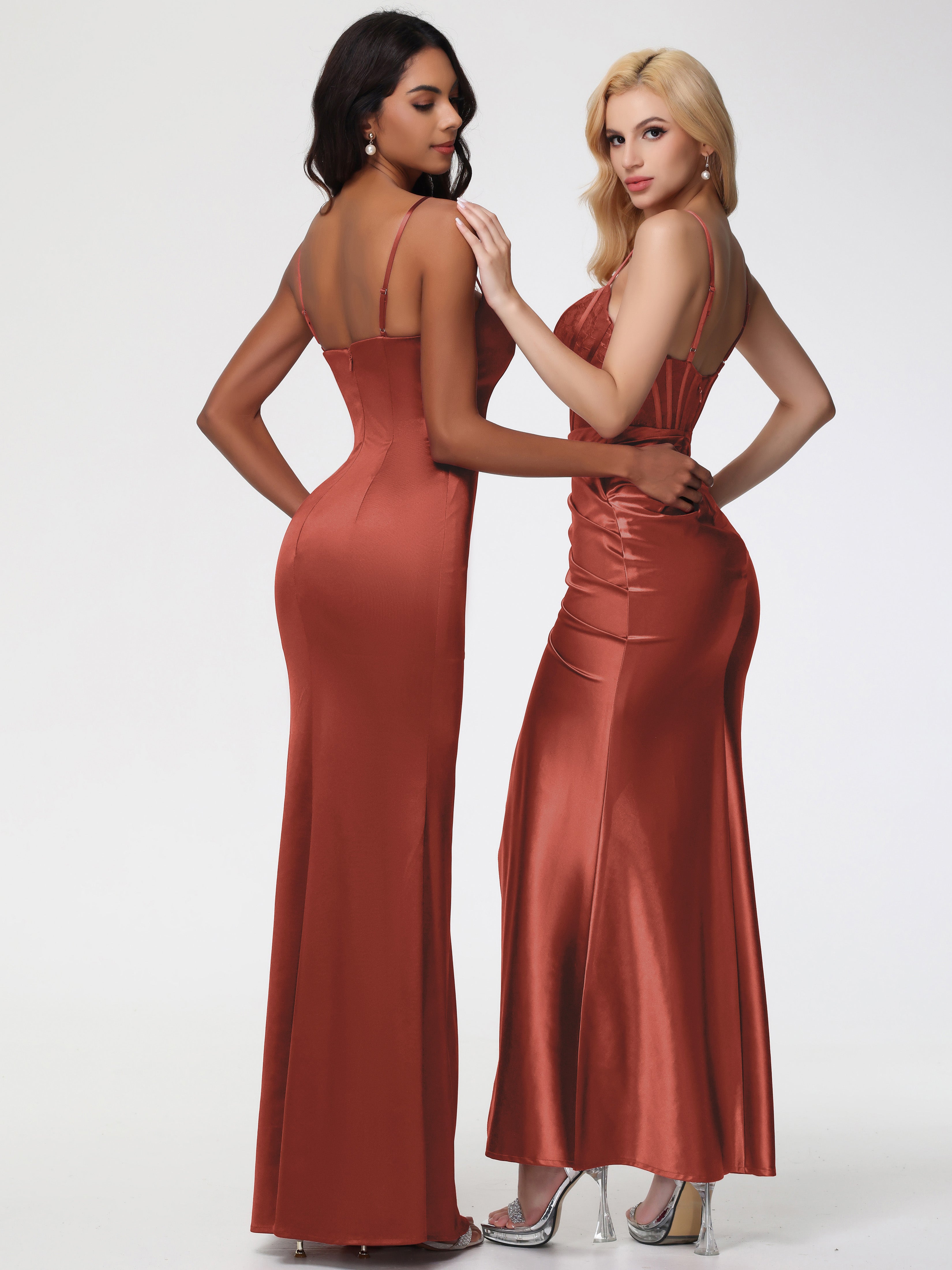 Robe Demoiselle D Honneur Rouille Col Bénitier Fendue Satin Extensible Robe De Demoiselle D'Honneur