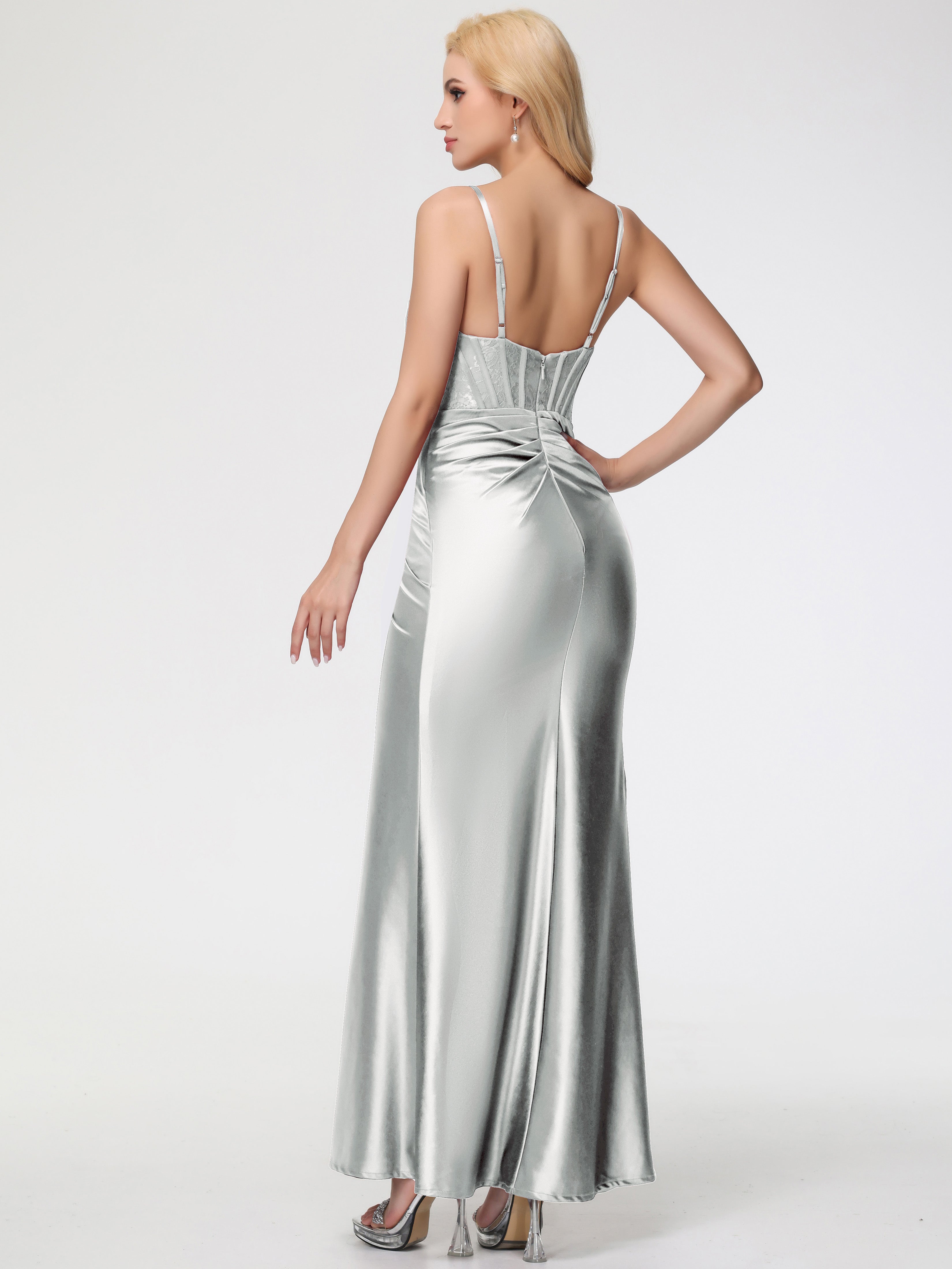 Robe Demoiselle D Honneur Argentée Col Bénitier Fendue Satin Extensible Robe De Demoiselle D'Honneur