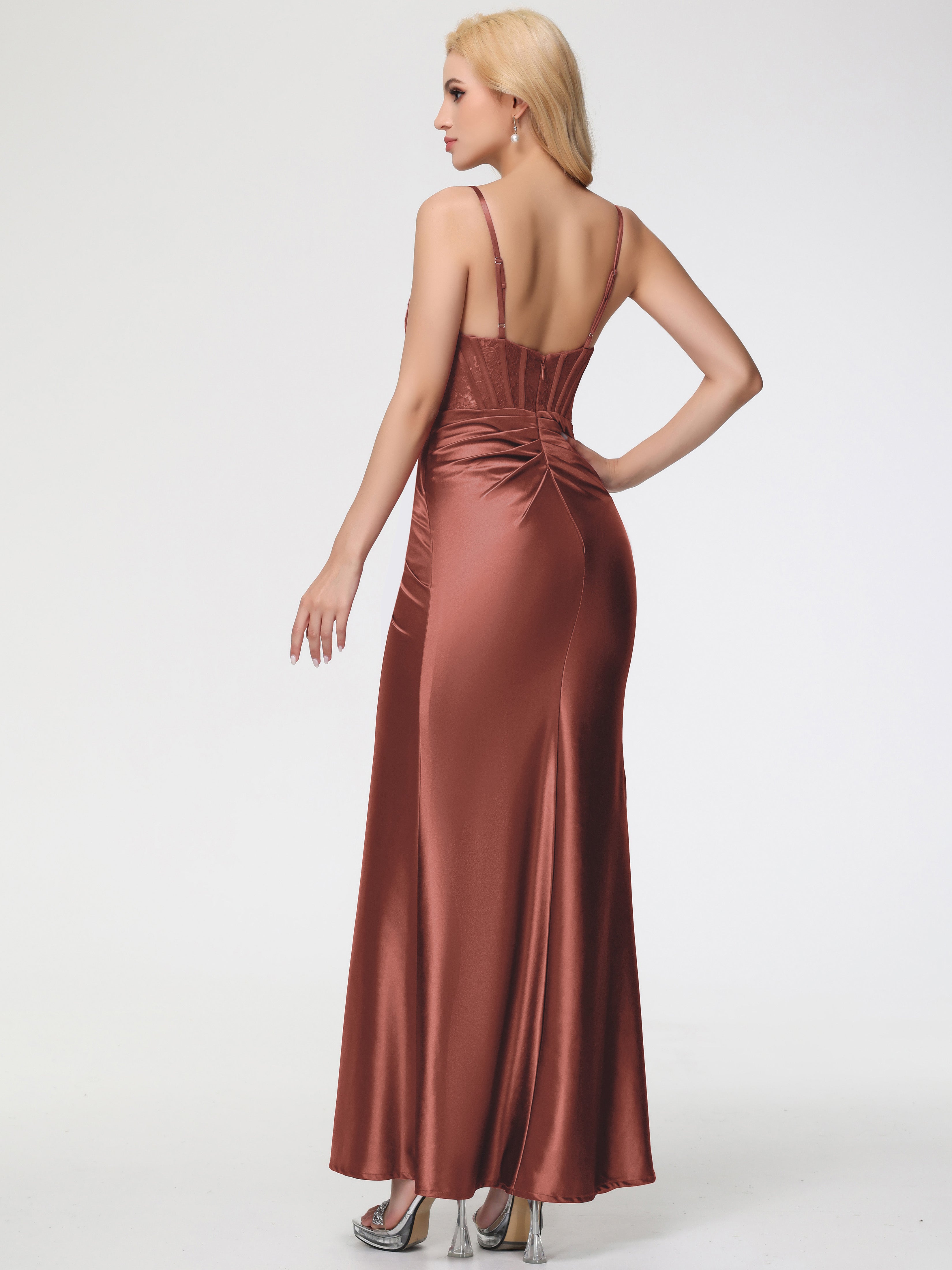 Robe Demoiselle D Honneur Terre Cuite Col Bénitier Fendue Satin Extensible Robe De Demoiselle D'Honneur