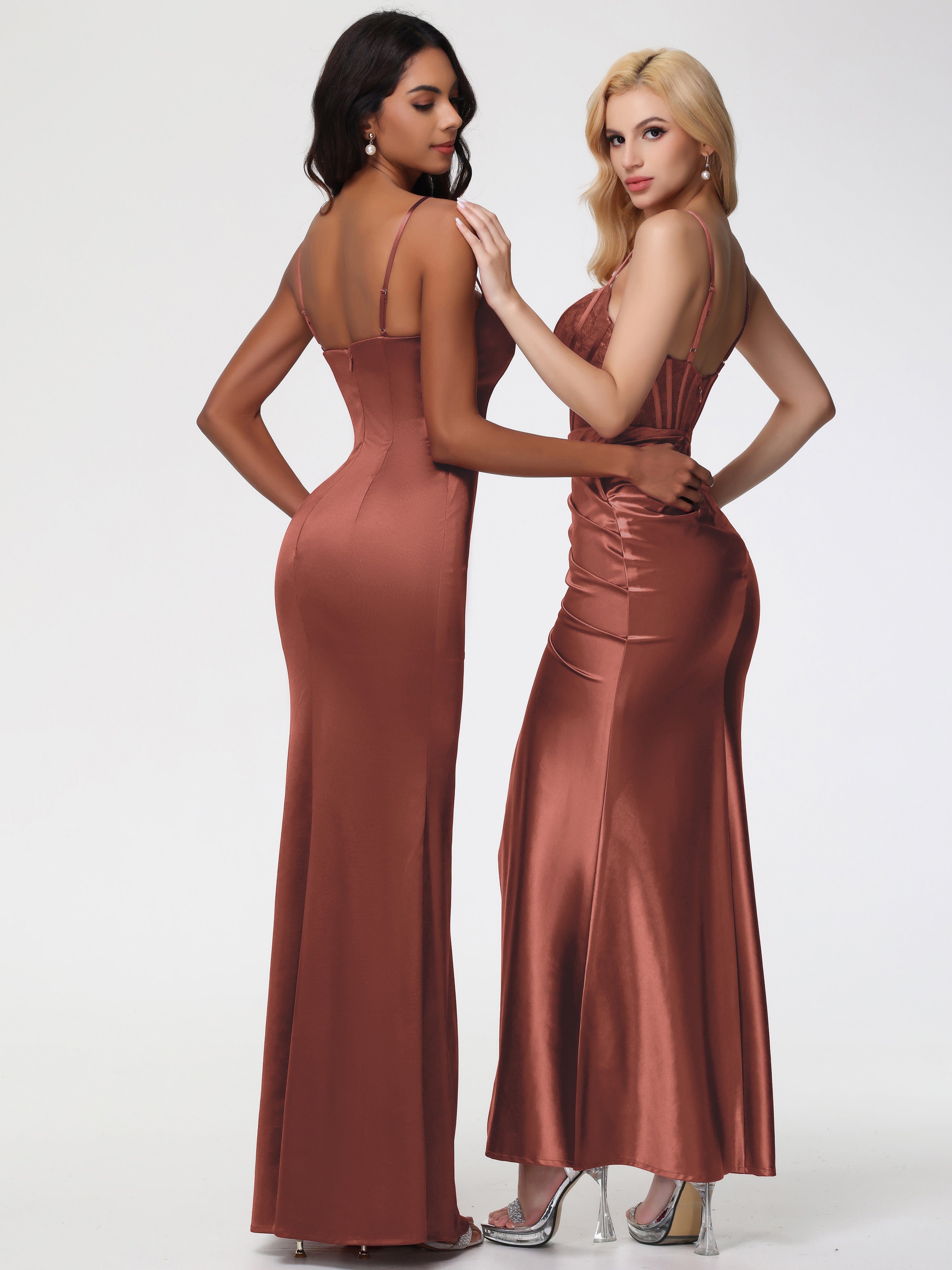 Robe Demoiselle D Honneur Terre Cuite Col Bénitier Fendue Satin Extensible Robe De Demoiselle D'Honneur