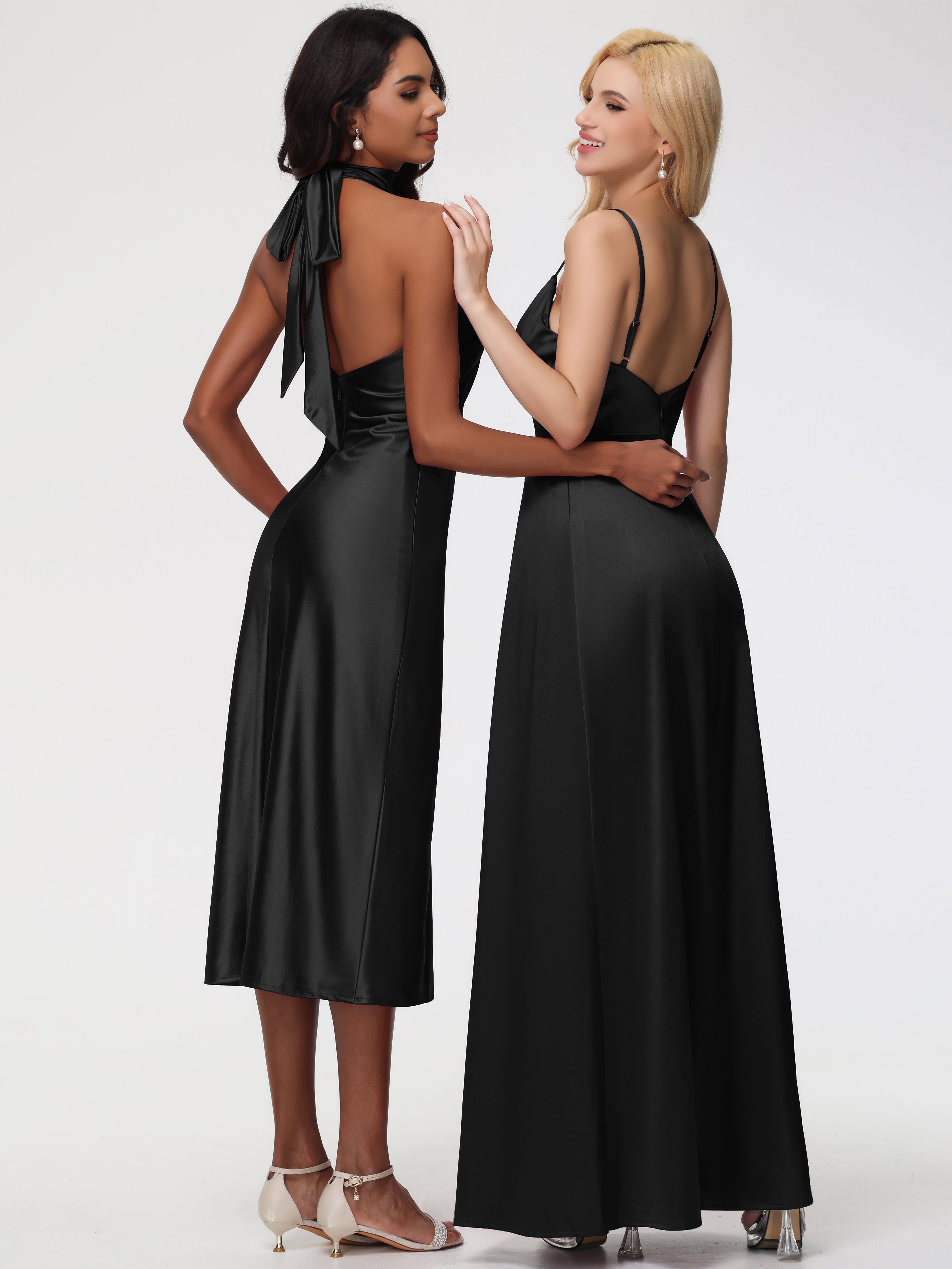 Robes De Demoiselle D'Honneur Noires Col V Trapèze Satin Extensible Fendue Robe De Demoiselle D'Honneur Robe Plisée