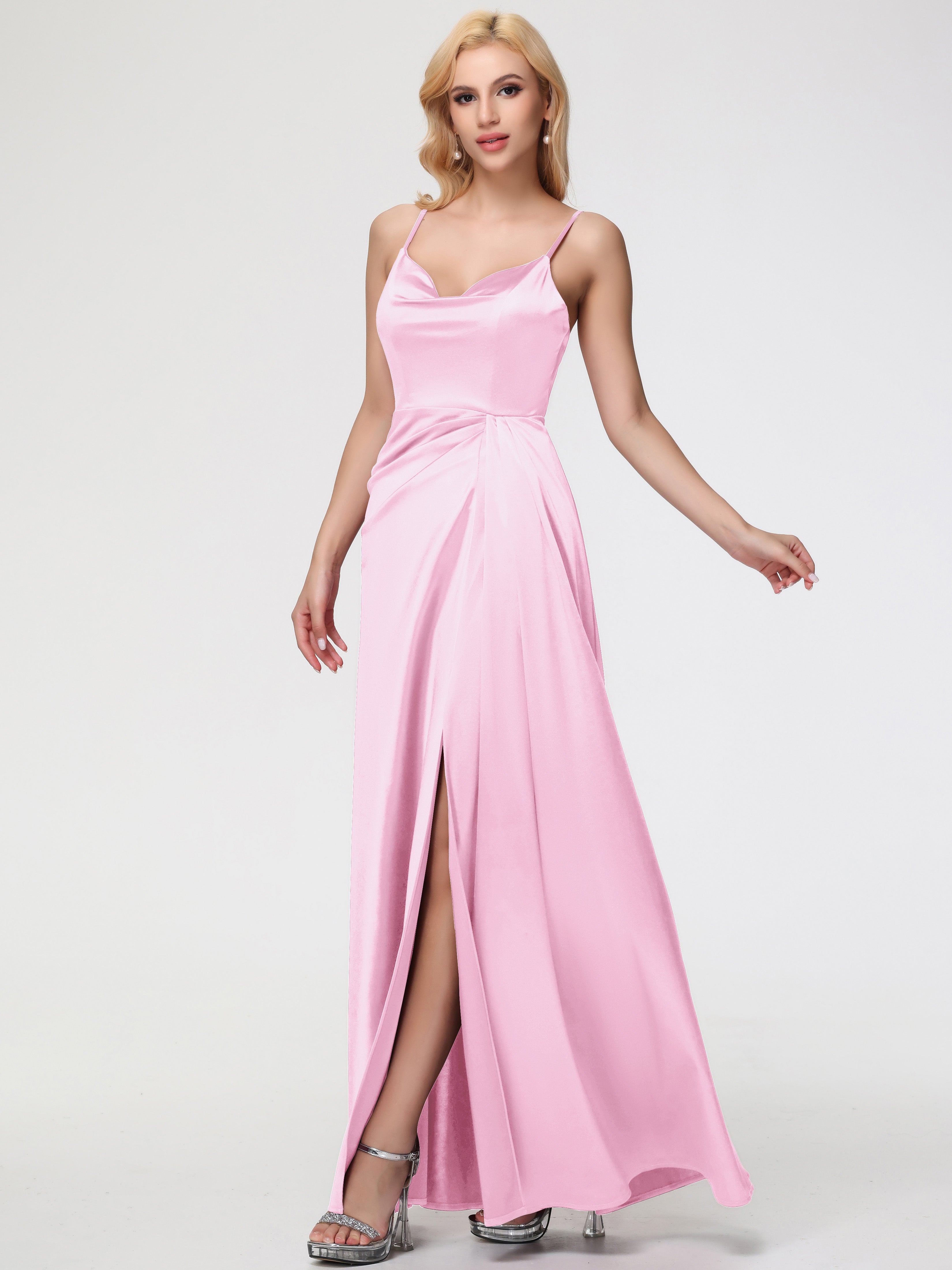 Robe Longue Demoiselle D Honneur Rose Pale Col V Trapèze Satin Extensible Fendue Robe De Demoiselle D'Honneur Robe Plisée