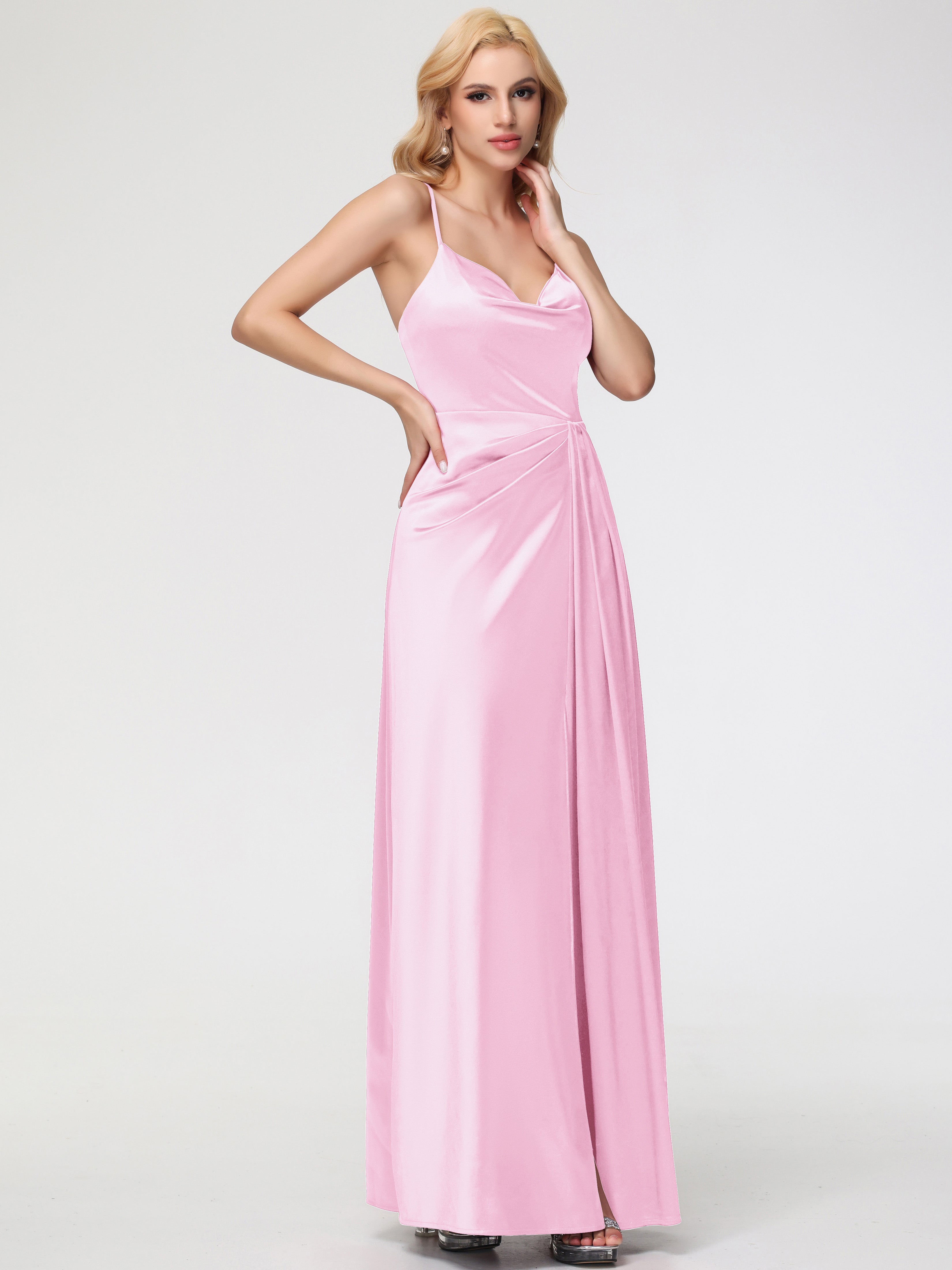 Robe Longue Demoiselle D Honneur Rose Pale Col V Trapèze Satin Extensible Fendue Robe De Demoiselle D'Honneur Robe Plisée