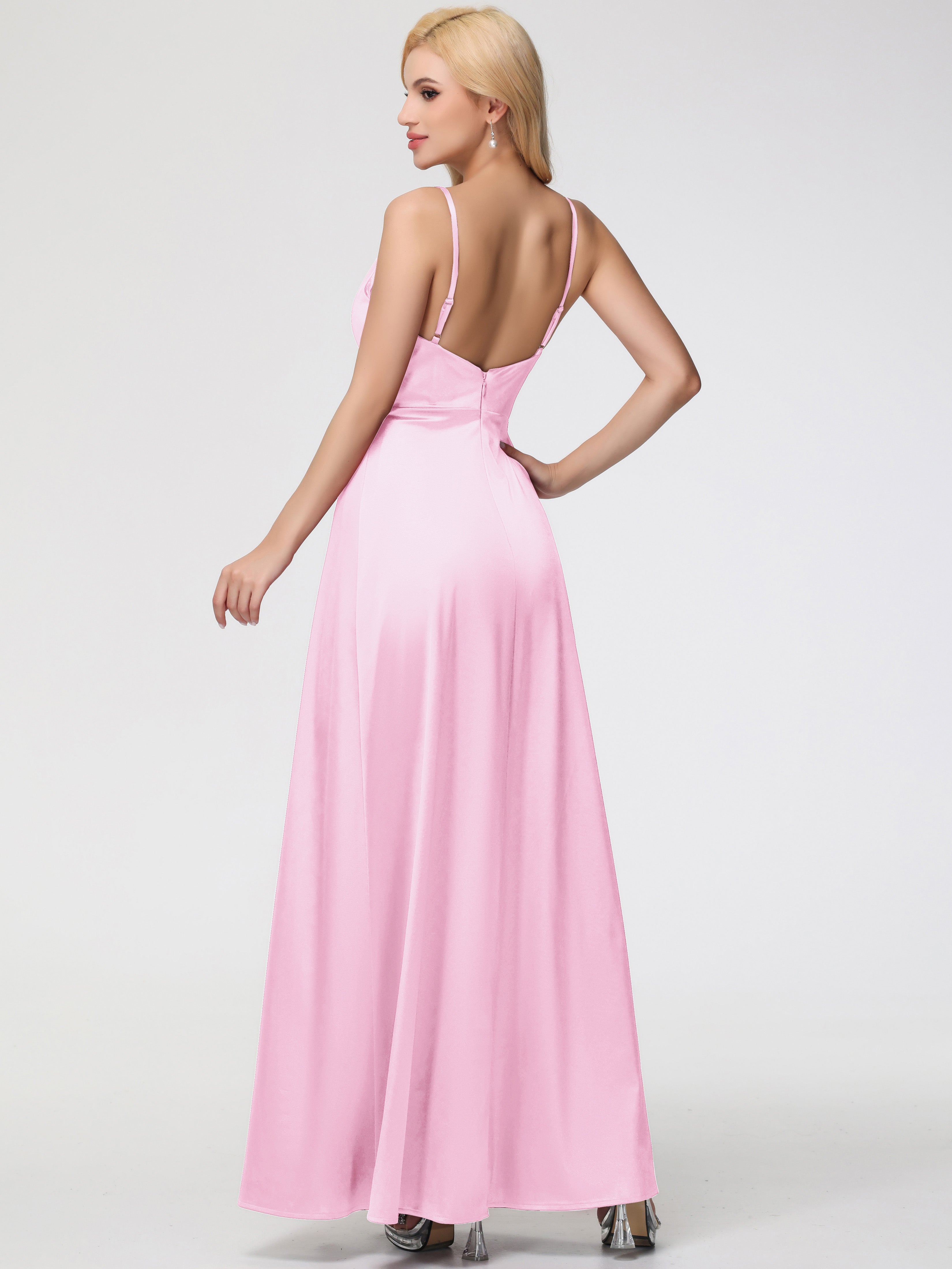 Robe Longue Demoiselle D Honneur Rose Pale Col V Trapèze Satin Extensible Fendue Robe De Demoiselle D'Honneur Robe Plisée