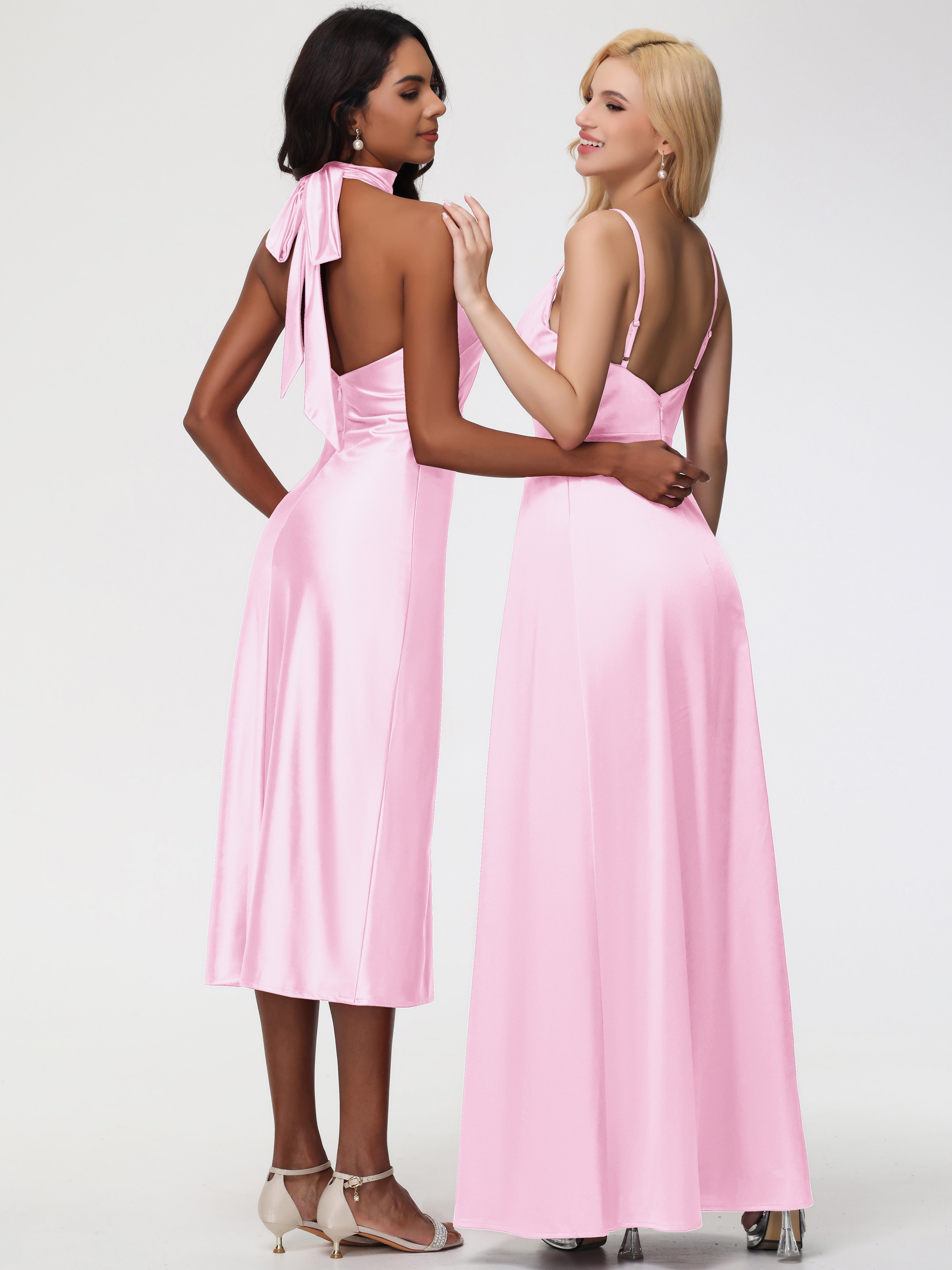 Robe Longue Demoiselle D Honneur Rose Pale Col V Trapèze Satin Extensible Fendue Robe De Demoiselle D'Honneur Robe Plisée
