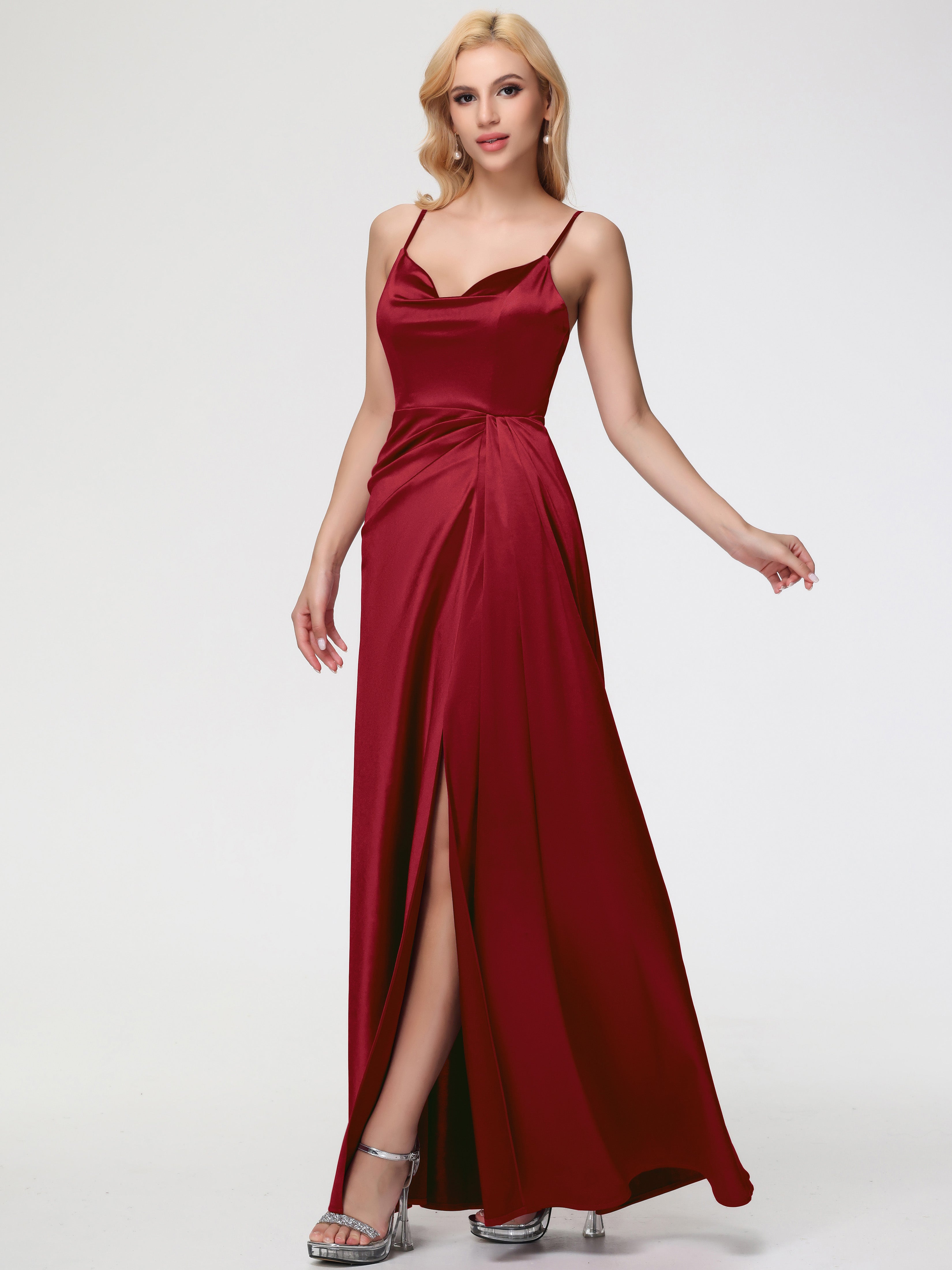 Robes Demoiselles D Honneur Bordeaux Col V Trapèze Satin Extensible Fendue Robe De Demoiselle D'Honneur Robe Plisée